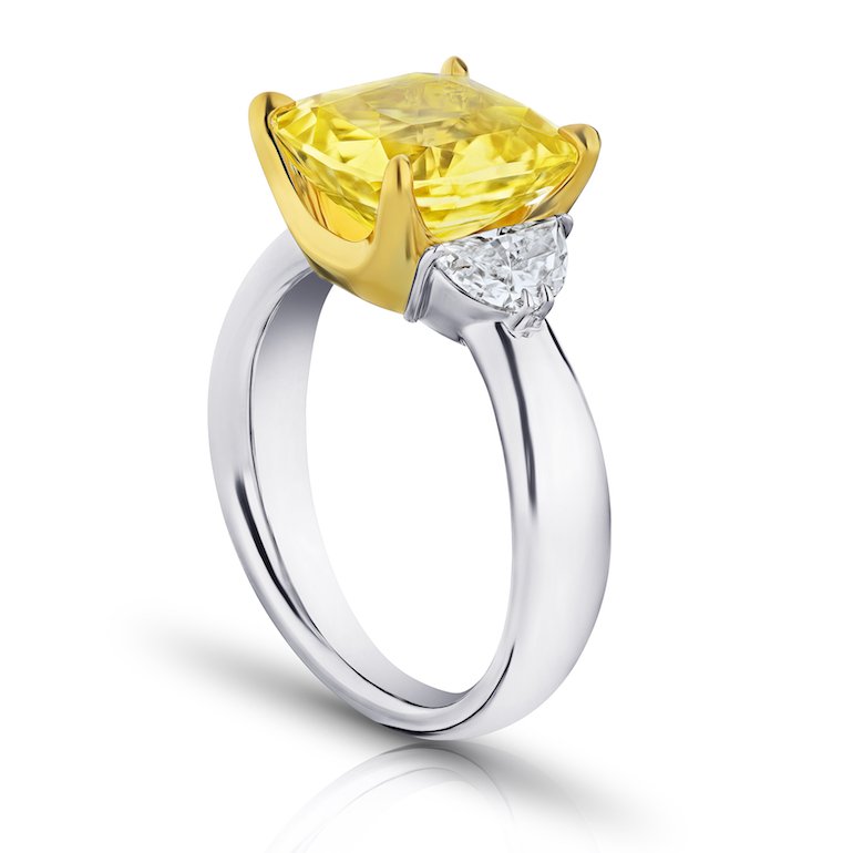 6.51 Carat Cushion Yellow Sapphire With Half Moon Diamond Ring