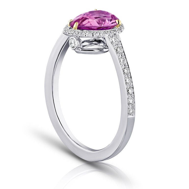 1.81 Carat Pear Shape Pink Sapphire With 42 Round Diamonds Ring