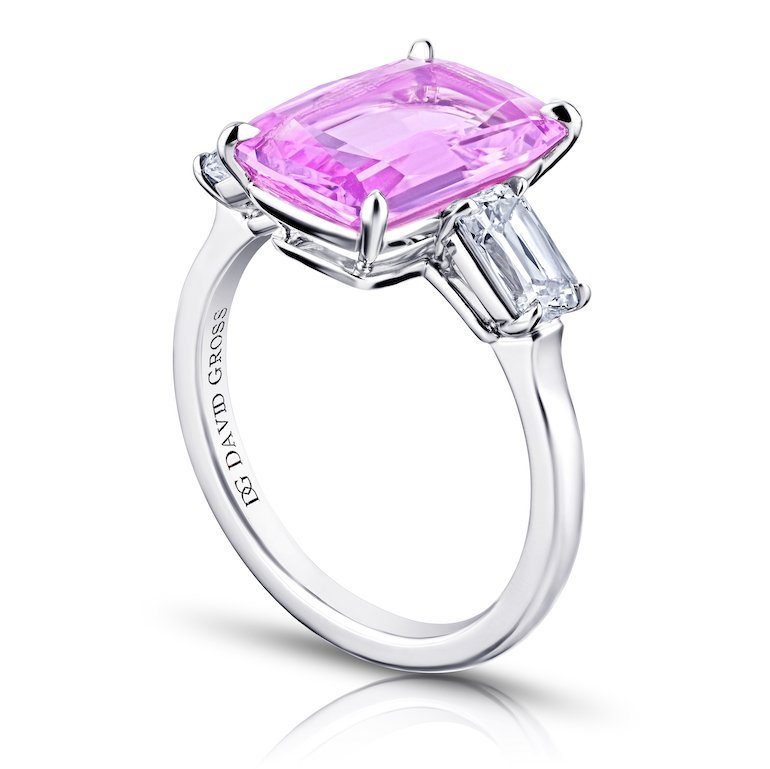 5.28 Carat Cushion Pink Sapphire With Cushion Modified Brilliant Diamonds Platinum Ring