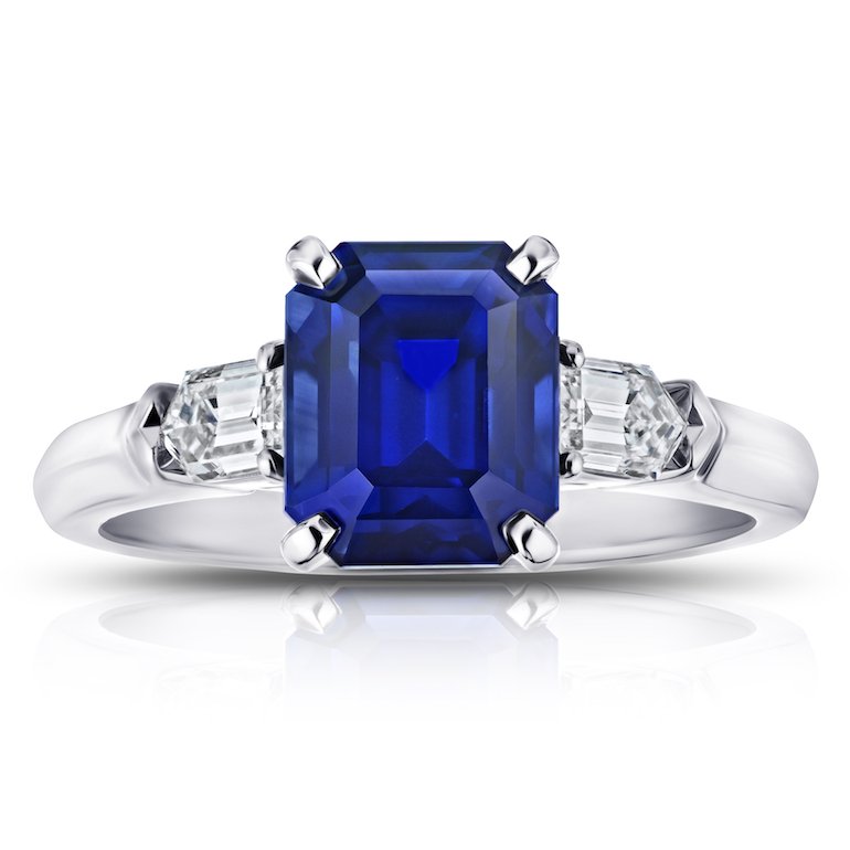 3.72 Carat Emerald Cut Blue Sapphire with Straight Bullet Diamonds .52 Carats Set in a Platinum Ring
