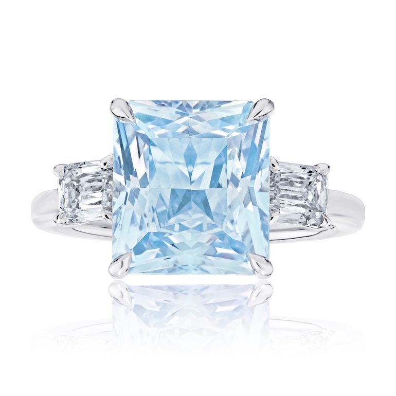 5.32 Carat Radiant Cut Light Blue Sapphire With Two Antique Cushion Cut Diamonds Platinum Ring