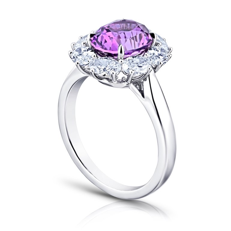 3.56 Carat Oval Pinkish Purple Sapphire With Oval Diamonds 1.38 Carats Platinum Ring