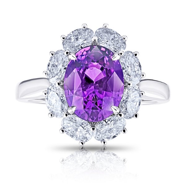 Closeup photo of 3.56 Carat Oval Pinkish Purple Sapphire With Oval Diamonds 1.38 Carats Platinum Ring