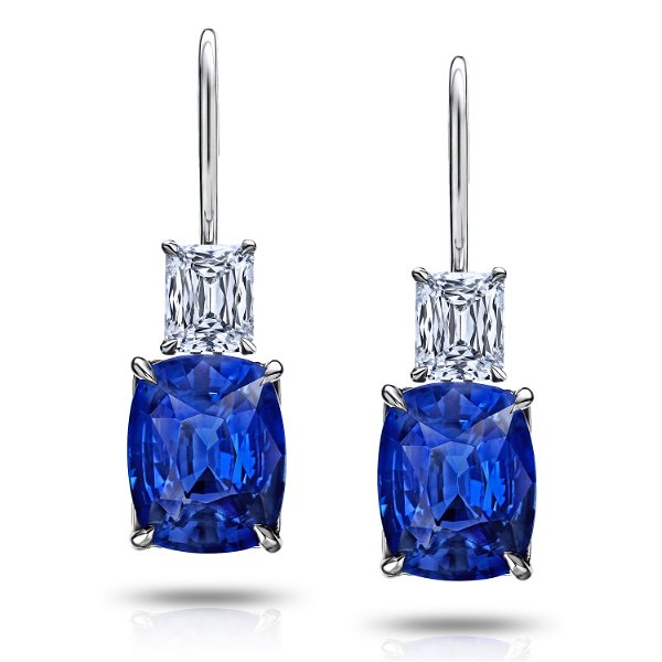 Closeup photo of 2 Cushion Cut Blue Sapphires 6.80 Carats And 2 Cushion Cut Diamonds 1.06 Carats Set In Platinum Drop Earrings