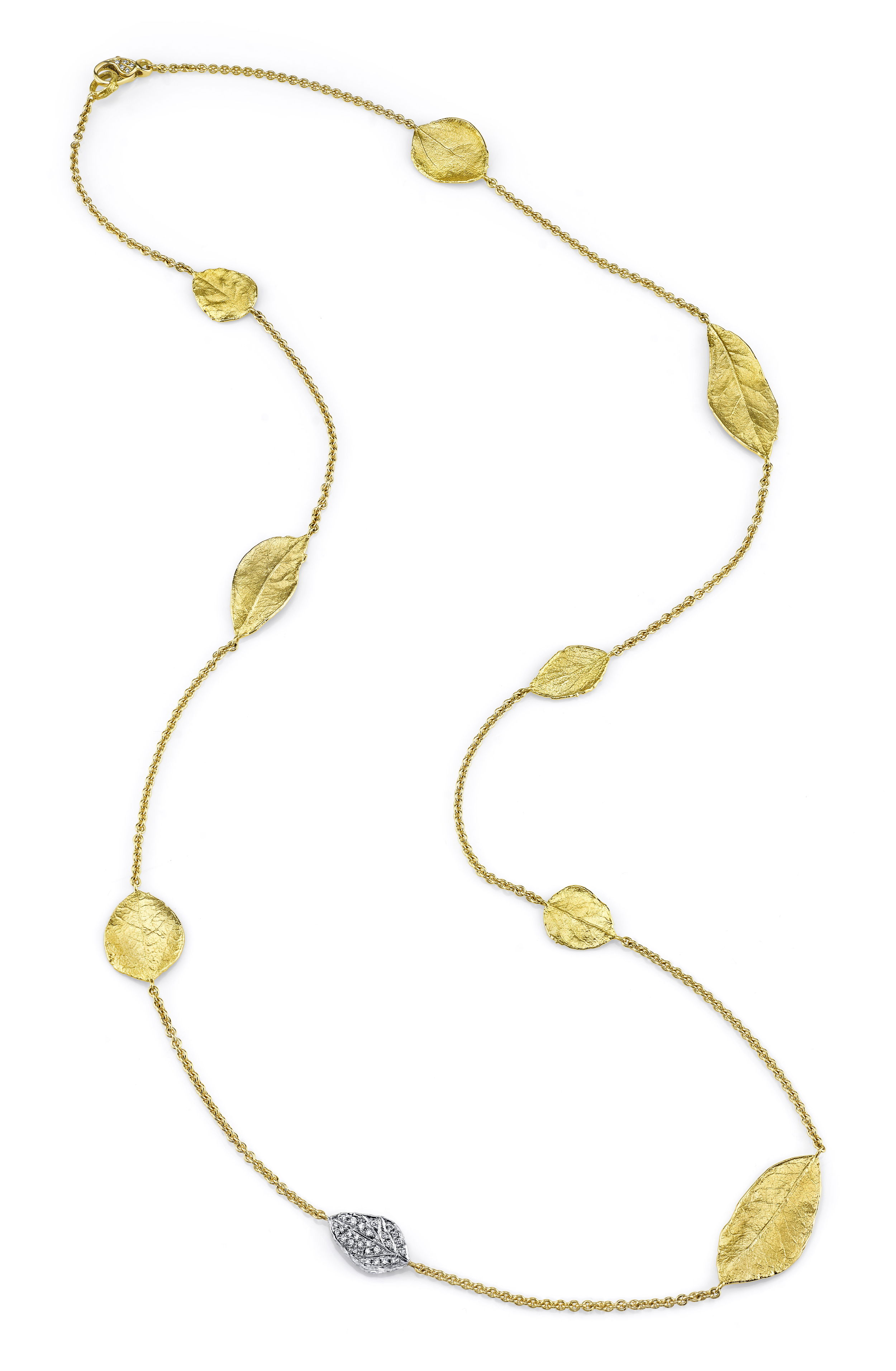 Leaf Necklace - 5 Aspen Leaves, 3 Southern Oak Leaves and 1 Diamond Brier Leaf Between Chain in 19kt Yellow Gold by Aaron Henry Designs. Five Aspen leaves and three southern oak leaves in 19kt yellow gold with 18kt yellow gold chain and one 18kt white gold brier leaf accented with 0.44ctw of pave white diamonds. Leaf Necklace - 5 Aspen Leaves, 3 Southern Oak Leaves and 1 Diamond Brier Leaf Between Chain in 19kt Yellow Gold