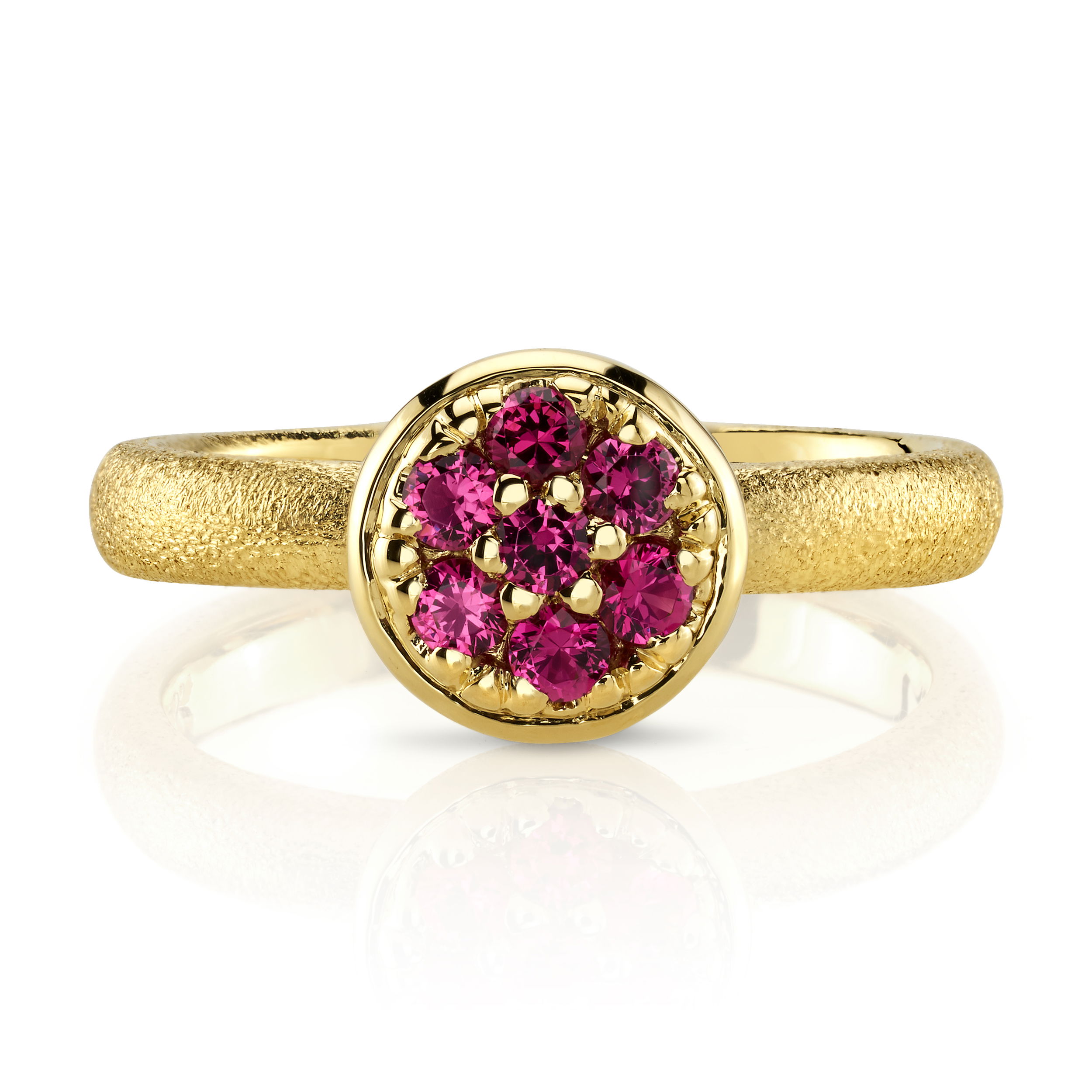 Pave Red Spinel Ring with Aspen Finish in 18kt Yellow Gold by Aaron Henry Designs. Small circular shaped top covered in 0.35ctw of pave red spinel and set in an 18kt yellow gold ring with Aspen finish. Pave Red Spinel Ring with Aspen Finish in 18kt Yellow Gold