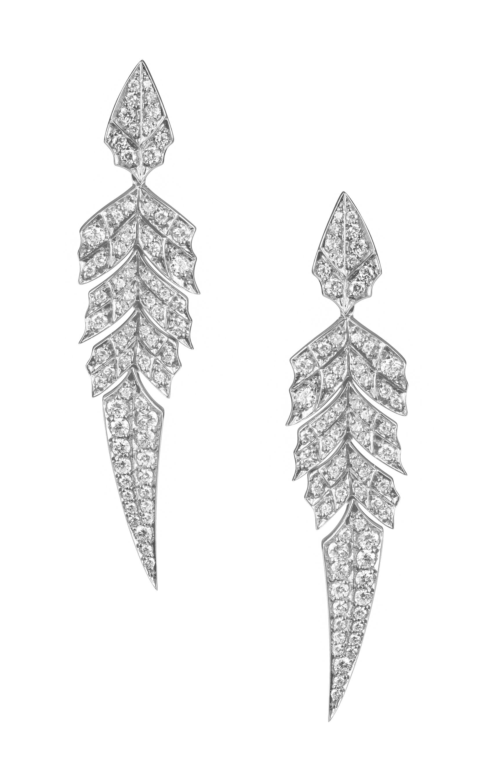 Magnipheasant Tail Feather Short Drop Earrings with White Diamonds in 18kt White Gold