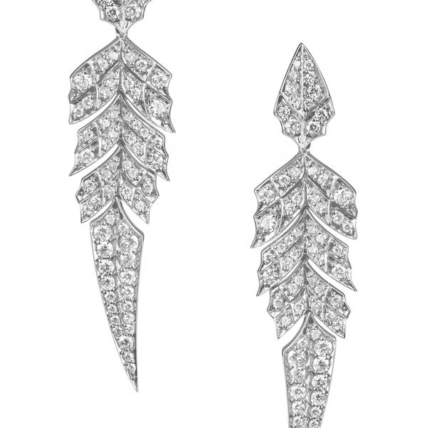 Closeup photo of Magnipheasant Tail Feather Short Drop Earrings with White Diamonds in 18kt White Gold