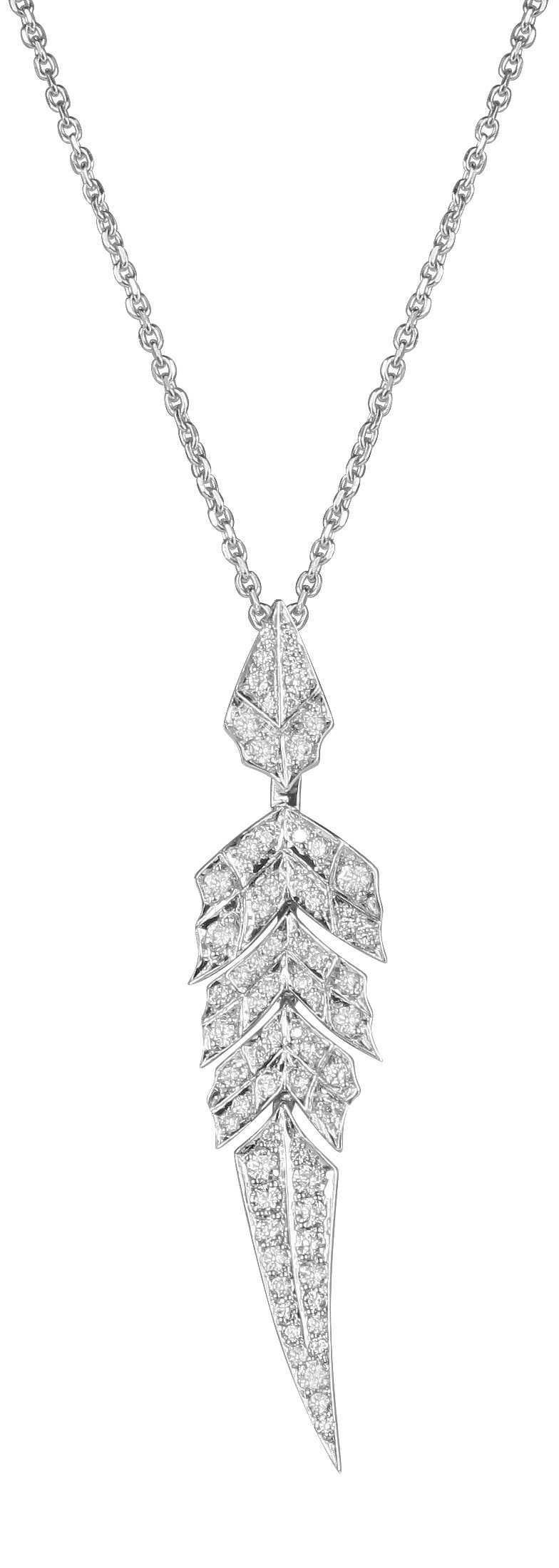 Magnipheasant Short Tail Feather Drop Pendant Necklace with White Diamonds in 18kt White Gold