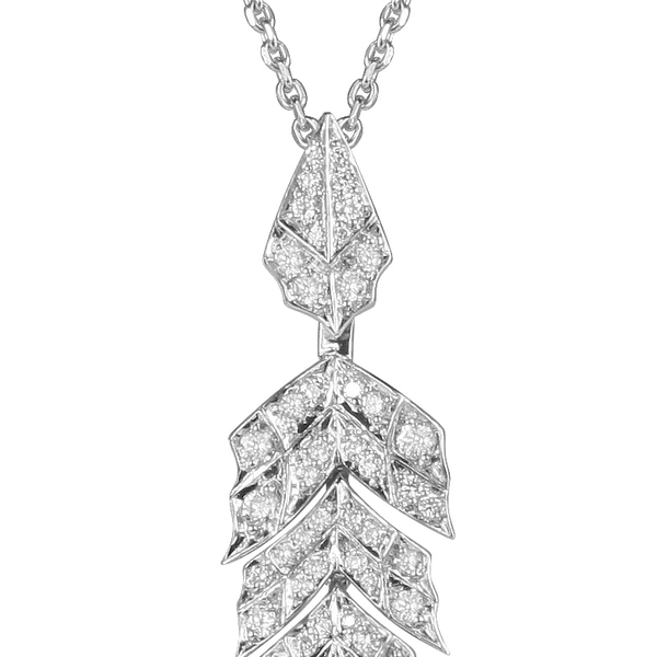 Closeup photo of Magnipheasant Short Tail Feather Drop Pendant Necklace with White Diamonds in 18kt White Gold