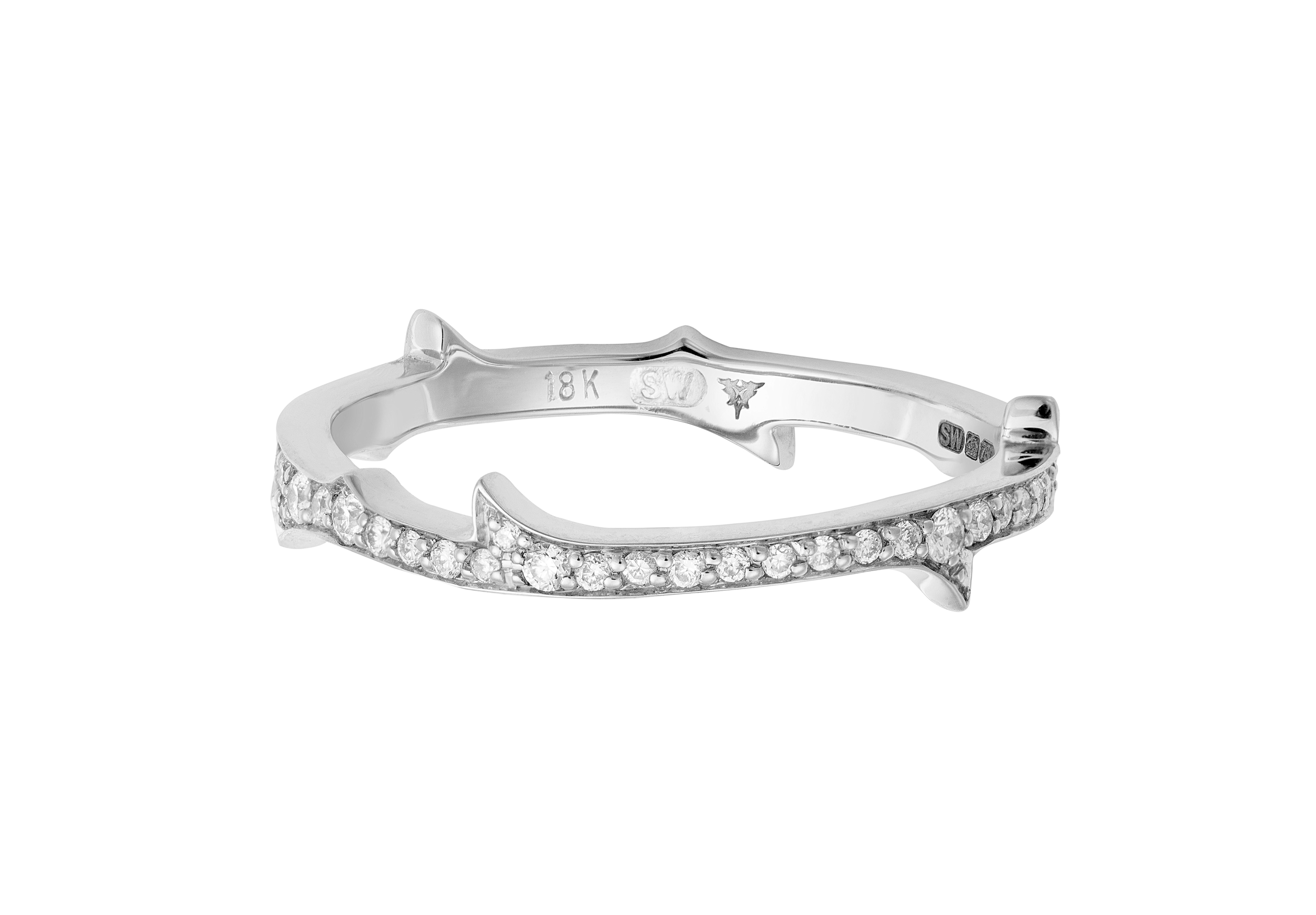 Thorn Stem Slim Band Ring with White Diamonds in 18kt White Gold - Size 7