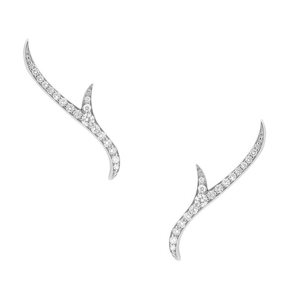 Closeup photo of Thorn Stem Stud Earrings with White Diamonds in 18kt White Gold