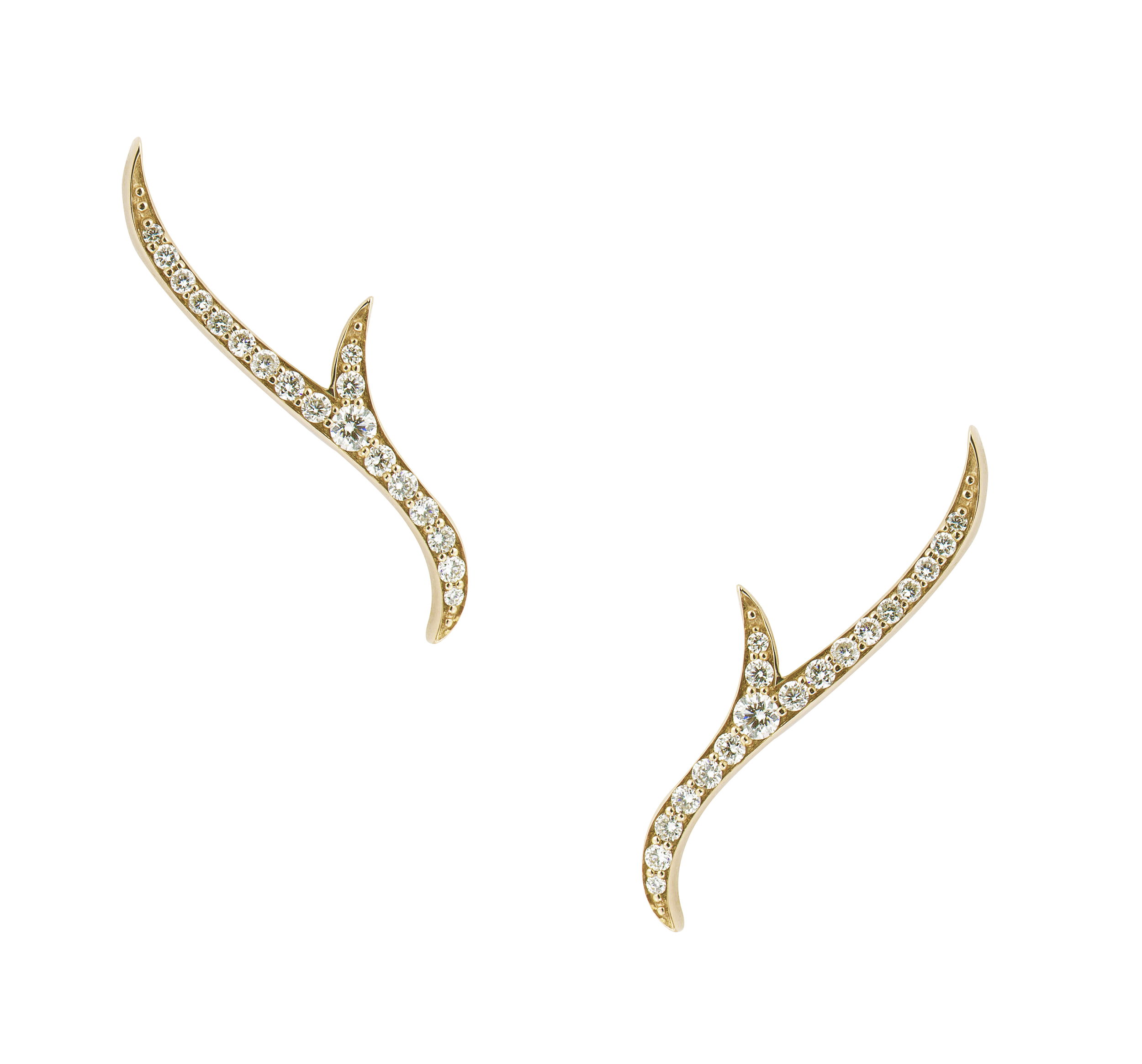 Thorn Stem Stud Earrings with White Diamonds in 18kt Yellow Gold by Stephen Webster. Crawler earrings in 18kt yellow gold with white diamond pave at 0.22ctw. Thorn Stem Stud Earrings with White Diamonds in 18kt Yellow Gold