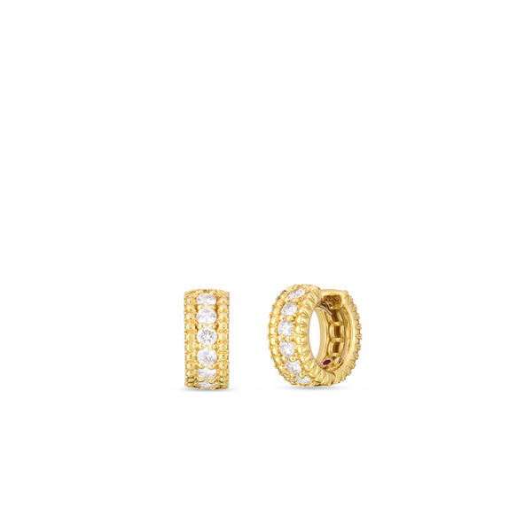 Closeup photo of Siena Diamond Huggie Hoop Earrings in 18kt Yellow Gold