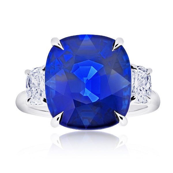 Closeup photo of 11.29ct Cushion Blue Sapphire Ring with Cushion Brilliant Side Stones