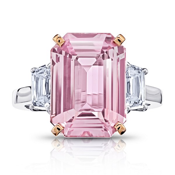 Closeup photo of 8.09ct Emerald Cut Pink Sapphire (NH) Ring in Platinum and Rose Gold
