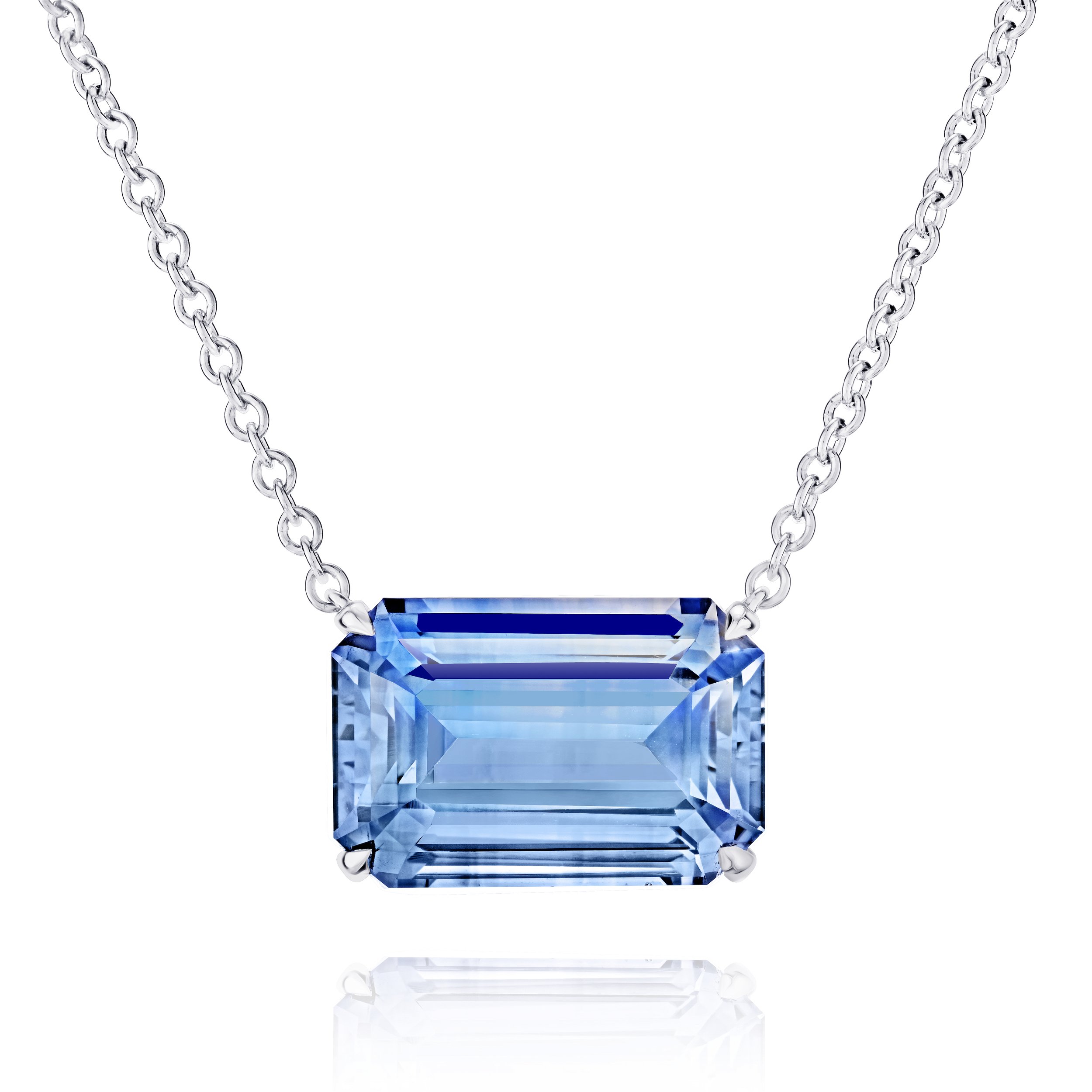 12.12ct Emerald Cut Blue Sapphire (NH) set in a handmade platinum Pendant Necklace