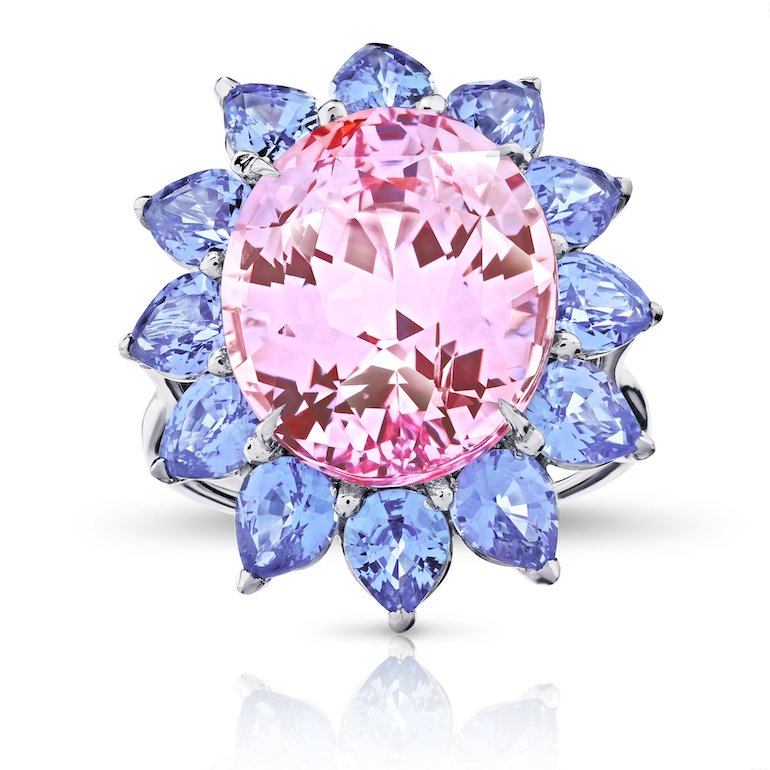 14.15ct Oval Pink Sapphire (NH) with Blue Sapphire Pears (NH) in a Platinum Setting