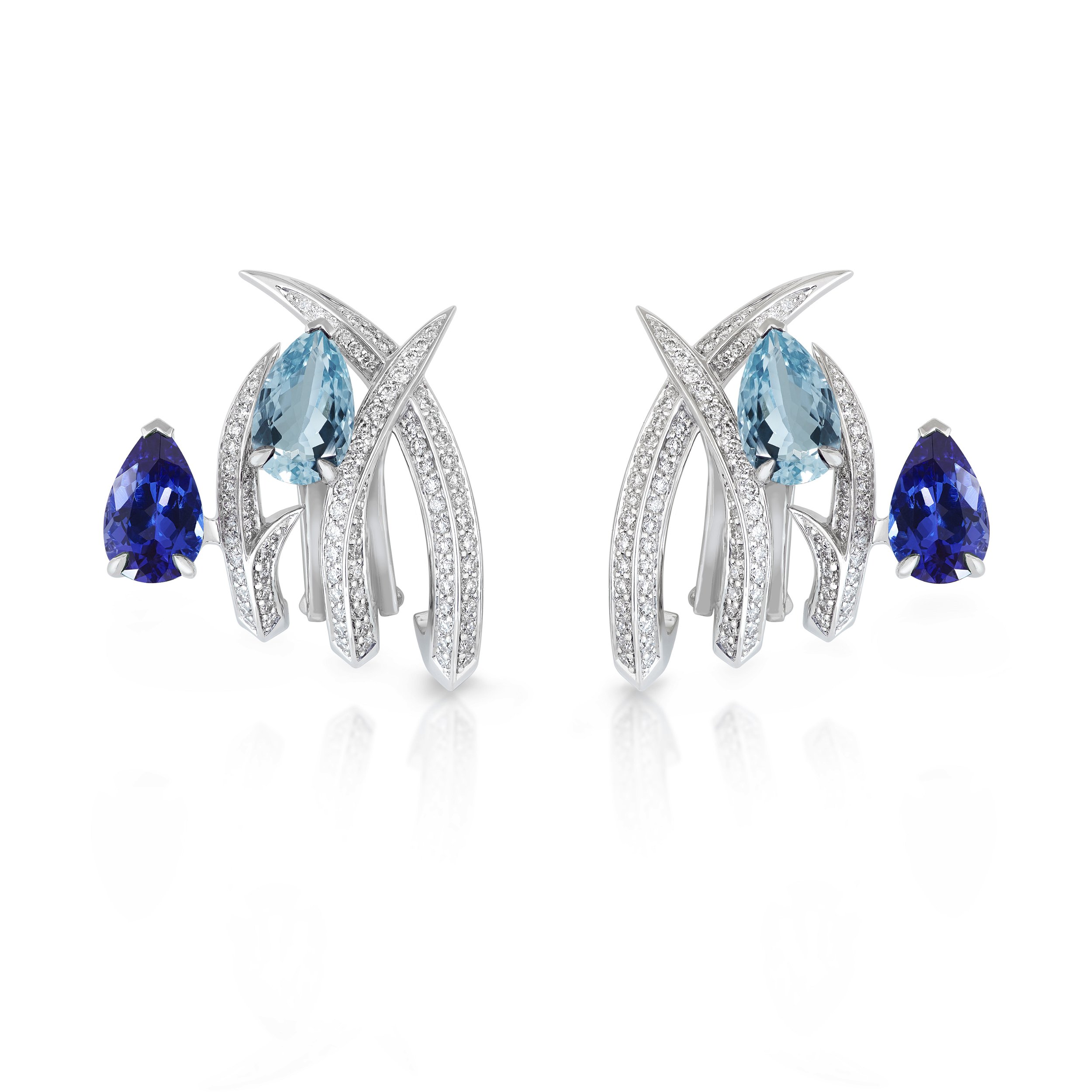Thorn Embrace Entangled Earrings with Aquamarine and Tanzanite in 18kt White Gold