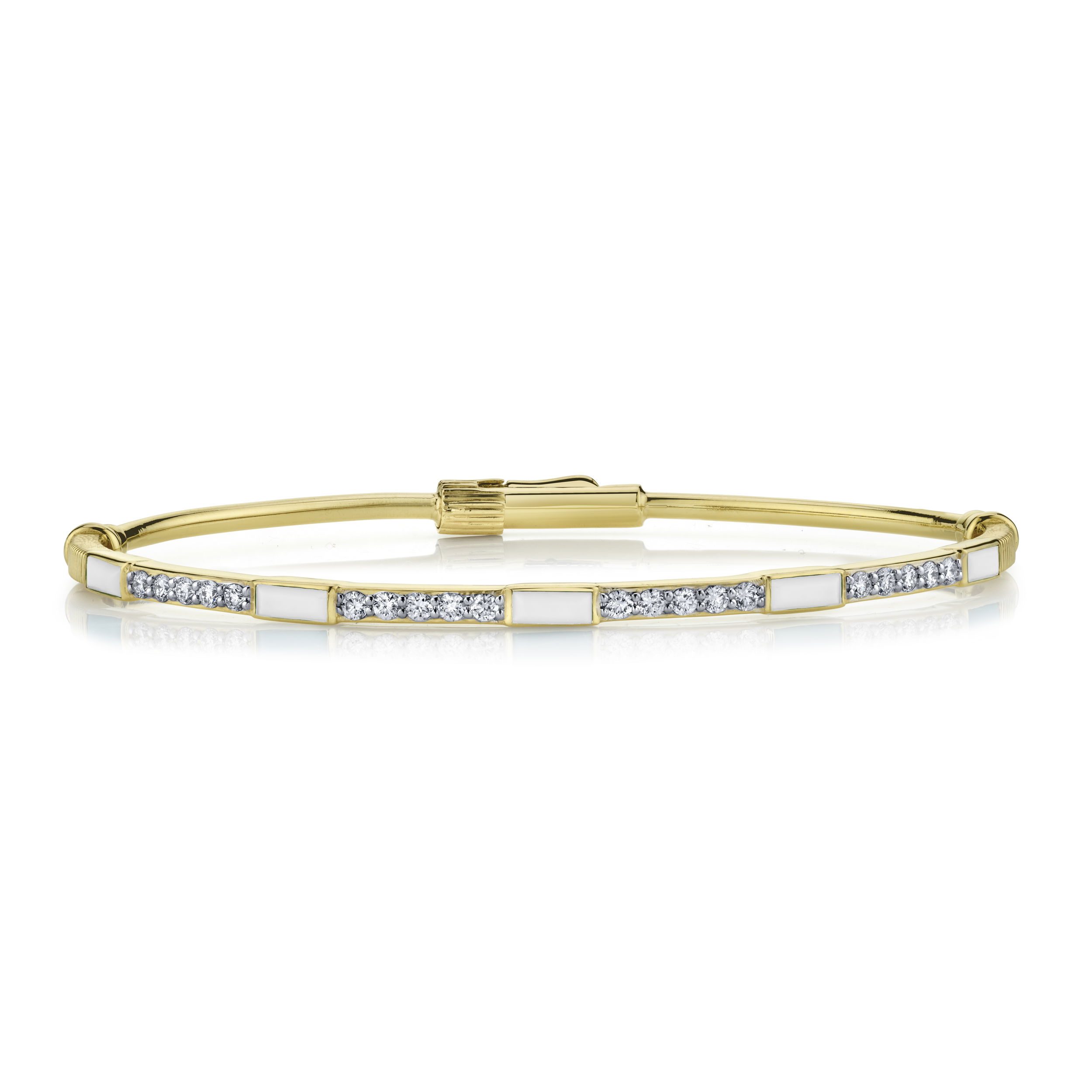 Thin Bangle Bracelet with White Onyx and White Diamonds in 18kt Yellow Gold