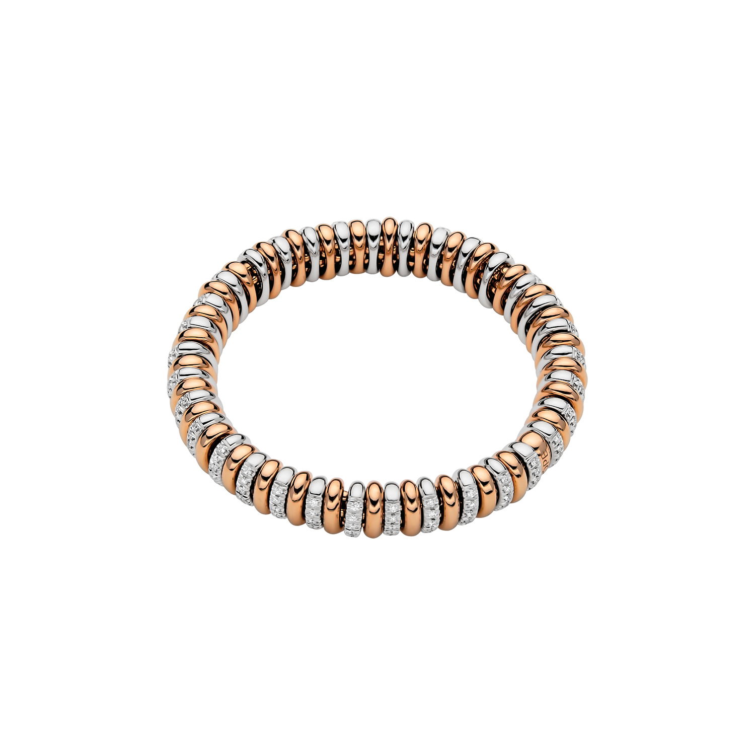 Vendome Flex'It Bracelet in 18kt Rose Gold with alternating plain rose gold and White Gold with White Pave Diamond Roundels all the way around the bracelet - approximately 1.56ctw Diamonds - The bracelet measures 6.9mm wide by 4.3mm deep and is a size small, 16cm or 6.29 inches internal circumference. 581B BBR3S-RW Vendome Bracelet in 18kt Rose Gold Encircled with White Gold and White Diamond Roundels - 6.9mm - Size S