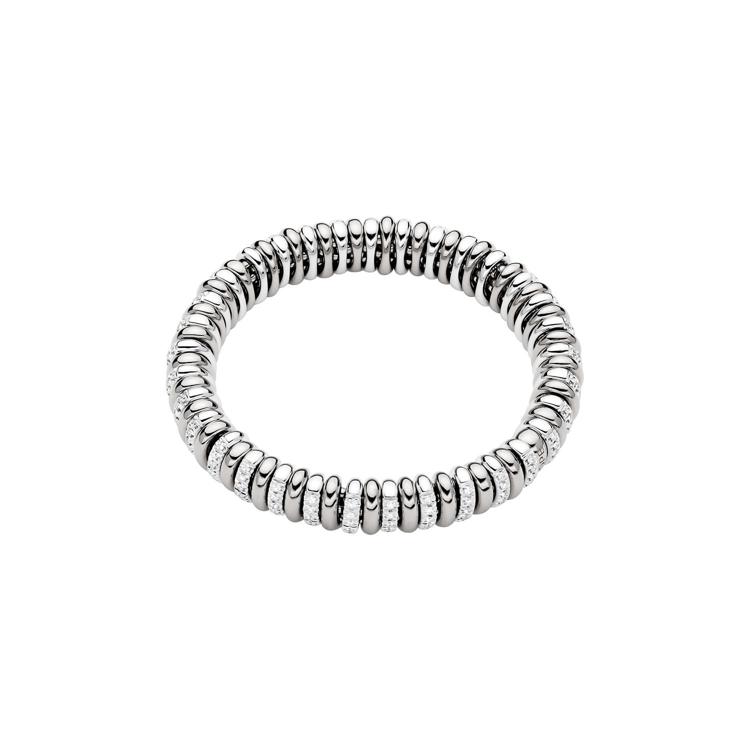 Vendome Flex'It Bracelet in 18kt White Gold with alternating plain white gold and White Gold with White Pave Diamond Roundels all the way around the bracelet - approximately 1.56ctw Diamonds - The bracelet measures 6.9mm wide by 4.3mm deep and is a size small, 16cm or 6.29 inches internal circumference. 581B BBR3S-W Vendome Bracelet in 18kt White Gold Encircled with White Gold and White Diamond Roundels - 6.9mm - Size S
