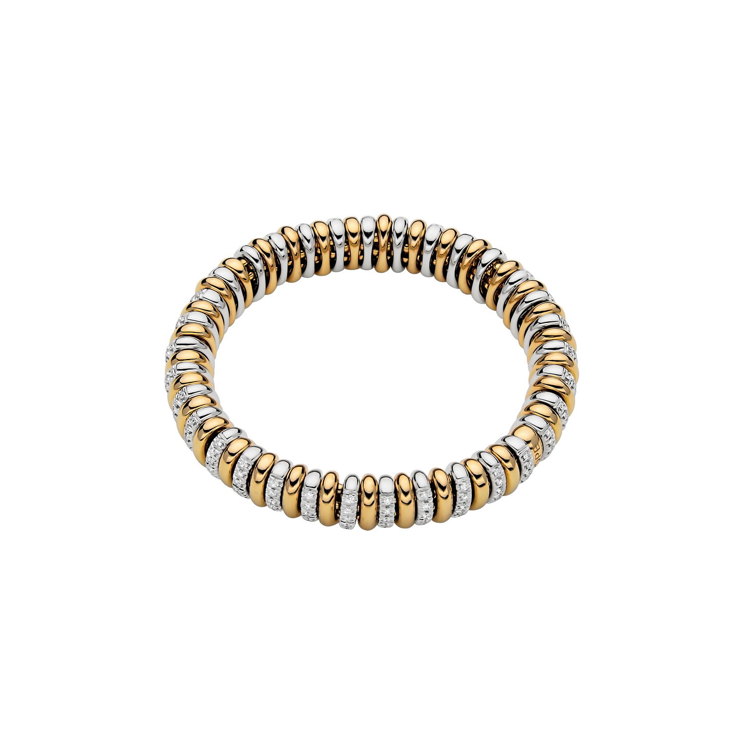 Vendome Flex'It Bracelet in 18kt Yellow Gold with alternating plain yellow gold and White Gold with White Pave Diamond Roundels all the way around the bracelet - approximately 1.56ctw Diamonds - The bracelet measures 6.9mm wide by 4.3mm deep and is a size small, 16cm or 6.29 inches internal circumference. 581B BBR3S-YW Vendome Bracelet in 18kt Yellow Gold Encircled with White Gold and White Diamond Roundels - 6.9mm - Size S
