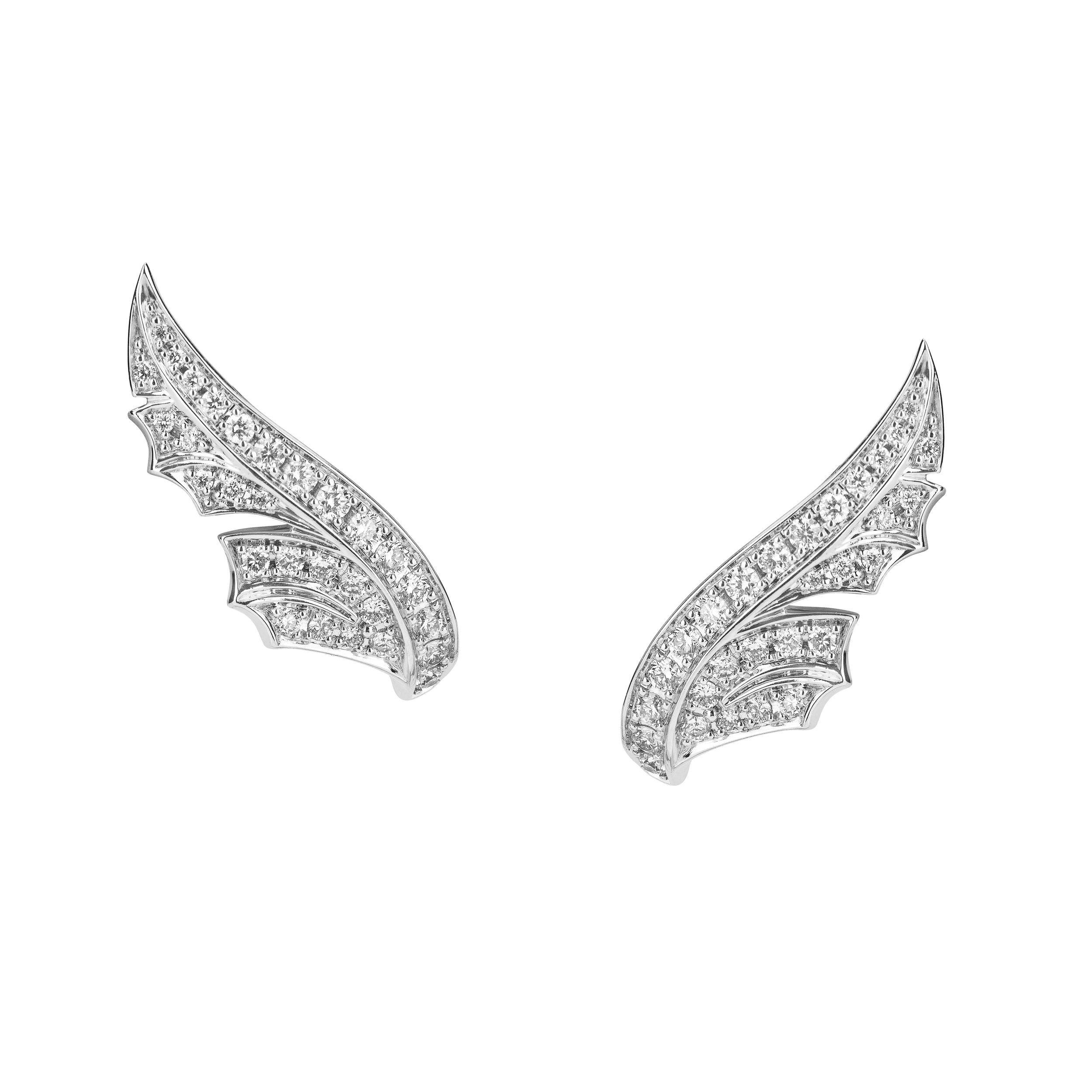 Magnipheasant Plume Stud Earrings with White Diamonds in 18kt White Gold by Stephen Webster. Feather stud earrings in 18kt white gold with white diamond pave at 0.31ctw. Magnipheasant Plume Stud Earrings with White Diamonds in 18kt White Gold
