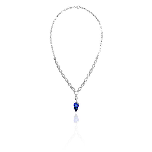 Closeup photo of Thorn Embrace Pear Drop Necklace with Tanzanite in 18kt White Gold