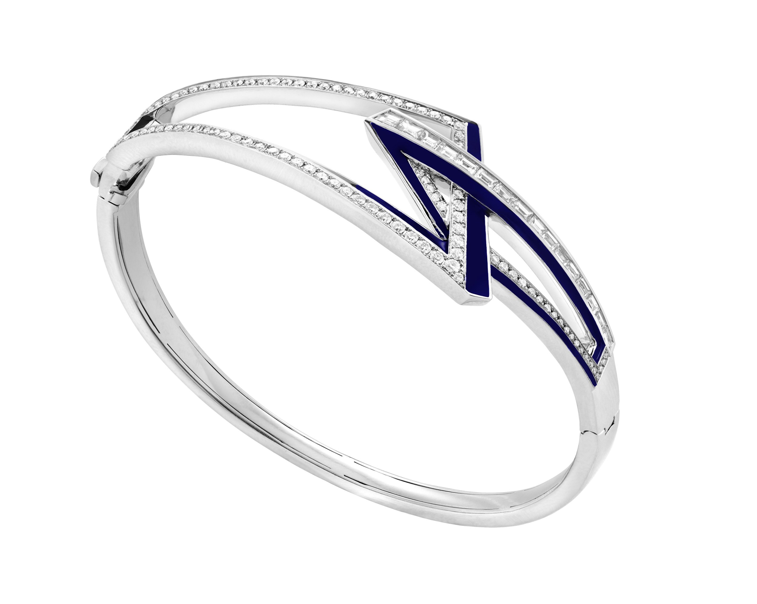 Vertigo Obtuse Bracelet with White Diamonds and Dark Blue Enamel in 18kt White Gold