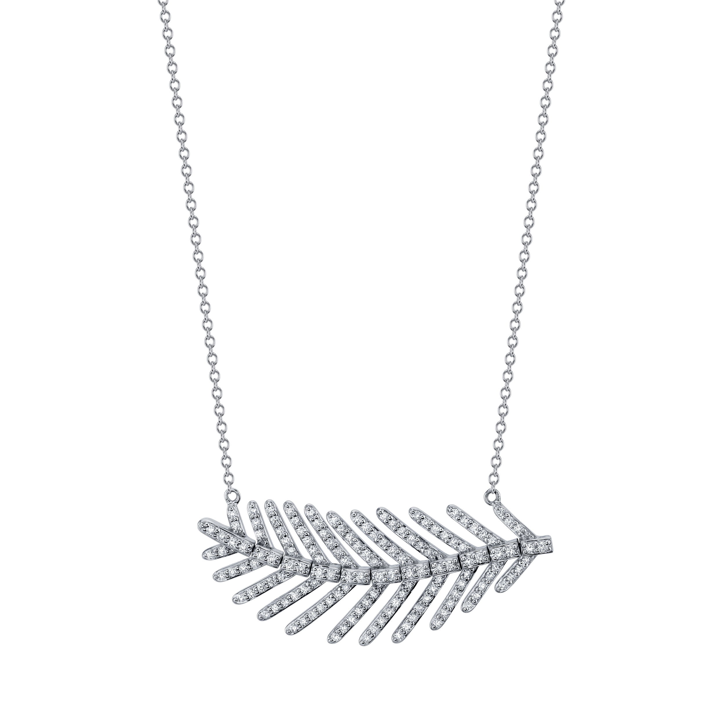 Inline 35mm Feather Necklace with White Diamonds in 18kt White Gold