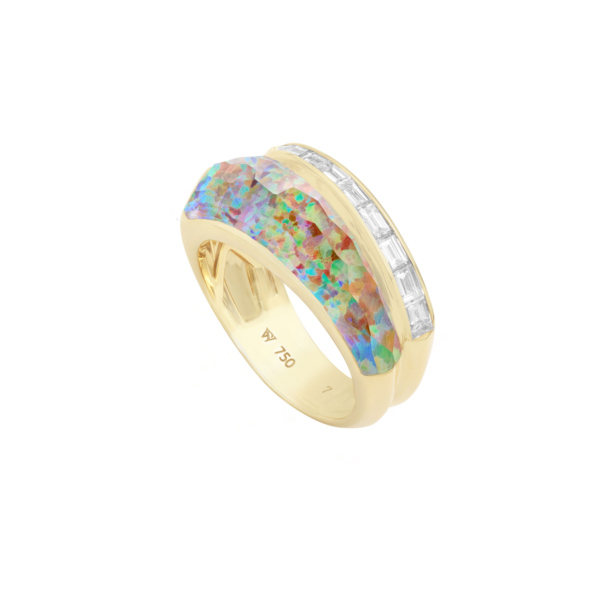 CH2 Shard Slimline Stack Ring with Fire Opalescent and White Diamonds in 18kt Yellow Gold by Stephen Webster. Crystal Haze Slimline Shard Stack Ring - 18kt yellow gold set with fire opalescent under clear quartz Crystal Haze at 7.03ct and accented with white baguette diamonds at 0.49ctw. CH2 Shard Slimline Stack Ring with Fire Opalescent and White Diamonds in 18kt Yellow Gold