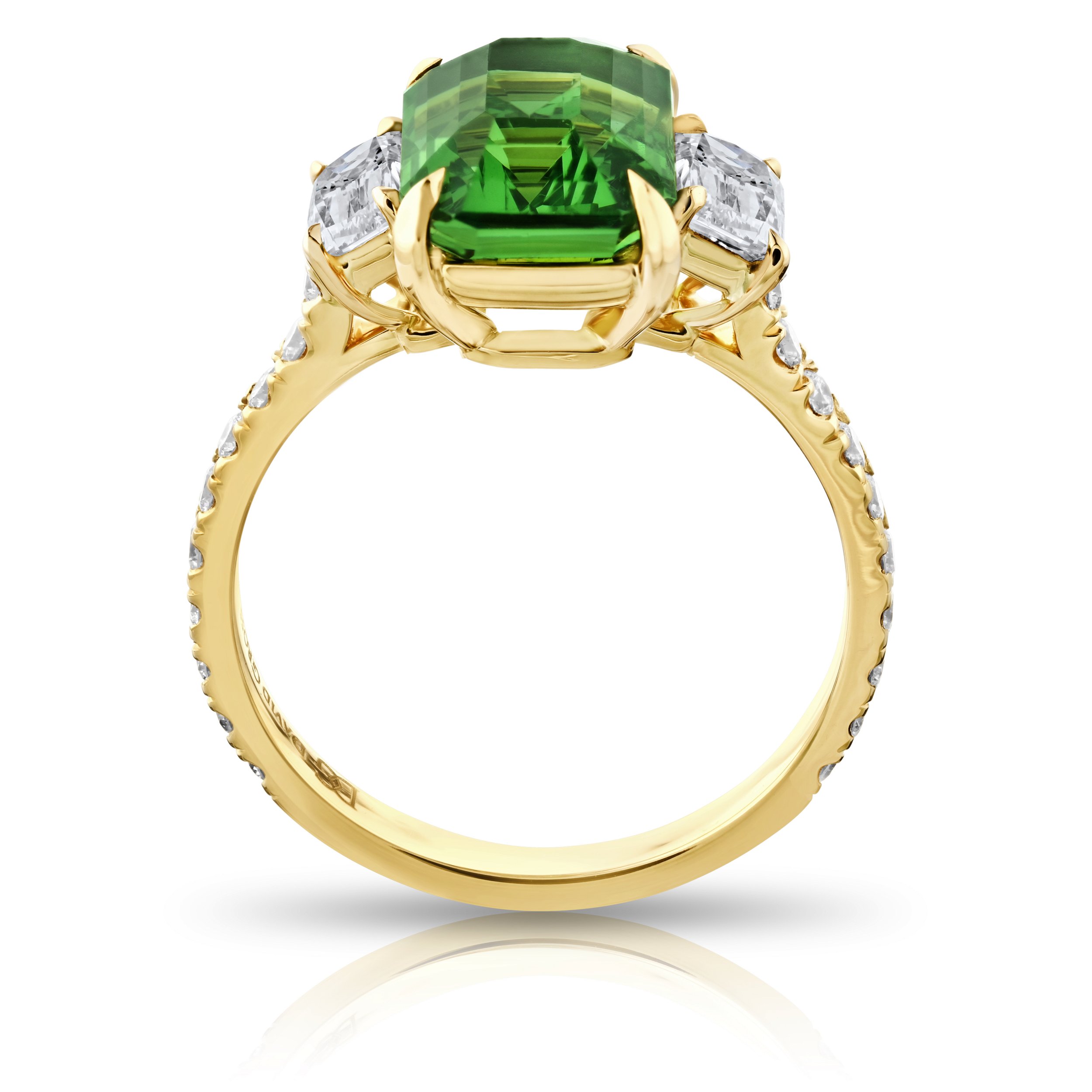 4.02ct Emerald Cut Tsavorite and Antique Cushion Cut Diamond Ring