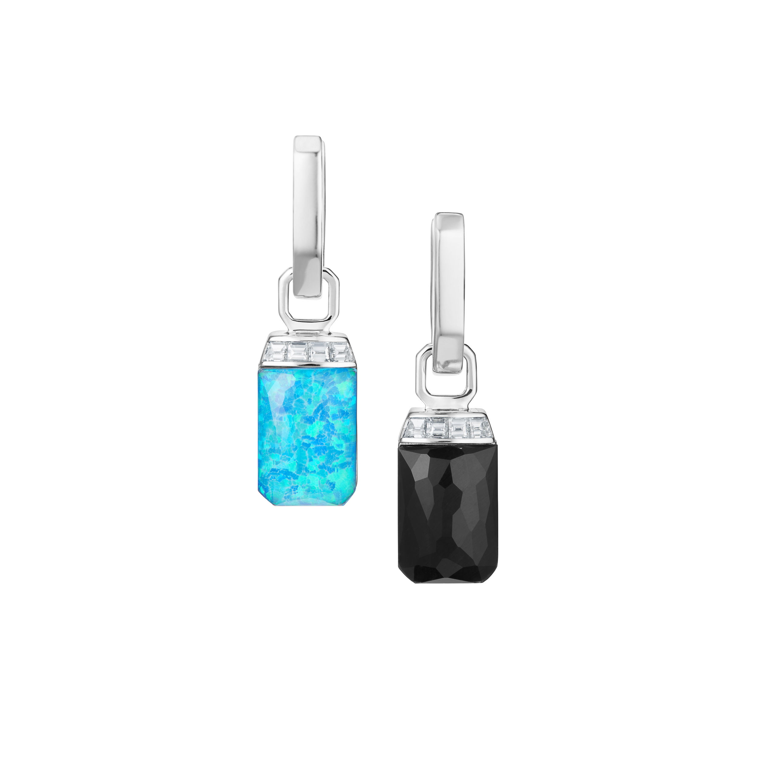 CH2 Tablet Twister Small Earrings with Black Opalescent and Falcons Eye in 18kt White Gold by Stephen Webster. Crystal Haze Tablet Twister Earrings - 18kt white gold set with Black Opalescent at 4.91ctw and falcons eye at 5.46ctw with clear quartz Crystal Haze over and baguette white diamonds on the tablet at 0.25ctw with a white gold huggie. CH2 Tablet Twister Small Earrings with Black Opalescent and Falcons Eye in 18kt White Gold