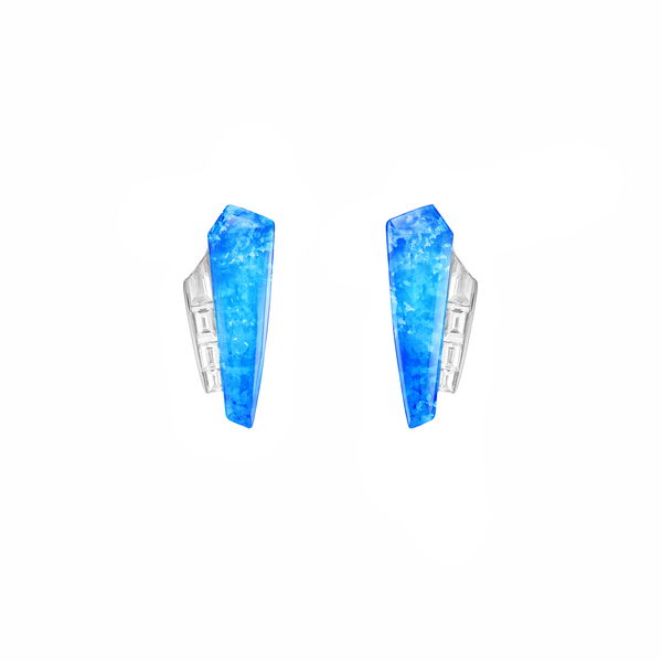 Closeup photo of CH2 Shard Slimline Cuff Earrings with Black Opalescent in 18kt White Gold