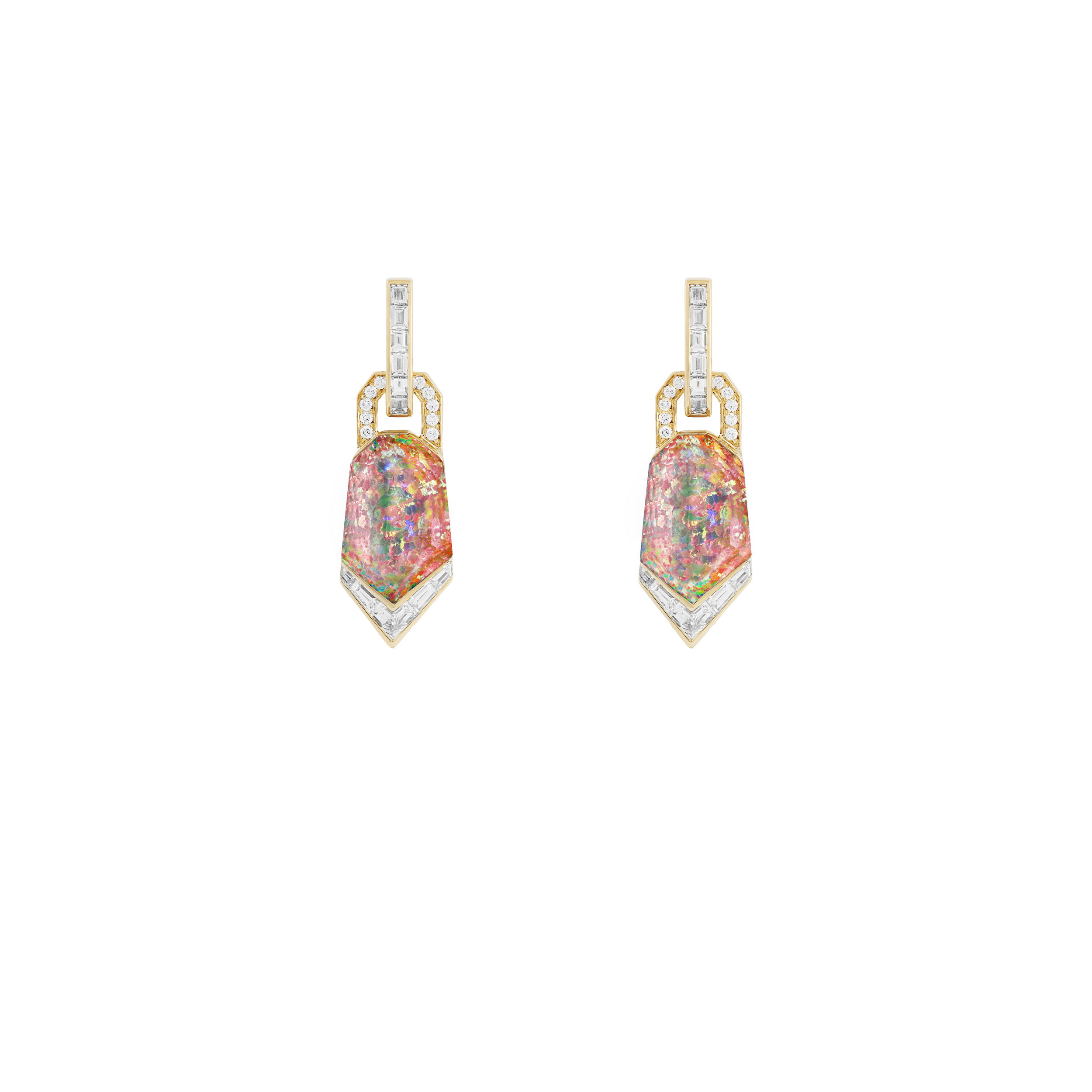 CH2 Shard Threesome Earrings with Fire Opalescent in 18kt Yellow Gold by Stephen Webster. Crystal Haze Threesome Earrings - 18kt Yellow gold set with Fire Opalescent under clear quartz Crystal Haze at 36.49ct and baguette white diamonds at 1.04ctw. CH2 Shard Threesome Earrings with Fire Opalescent in 18kt Yellow Gold