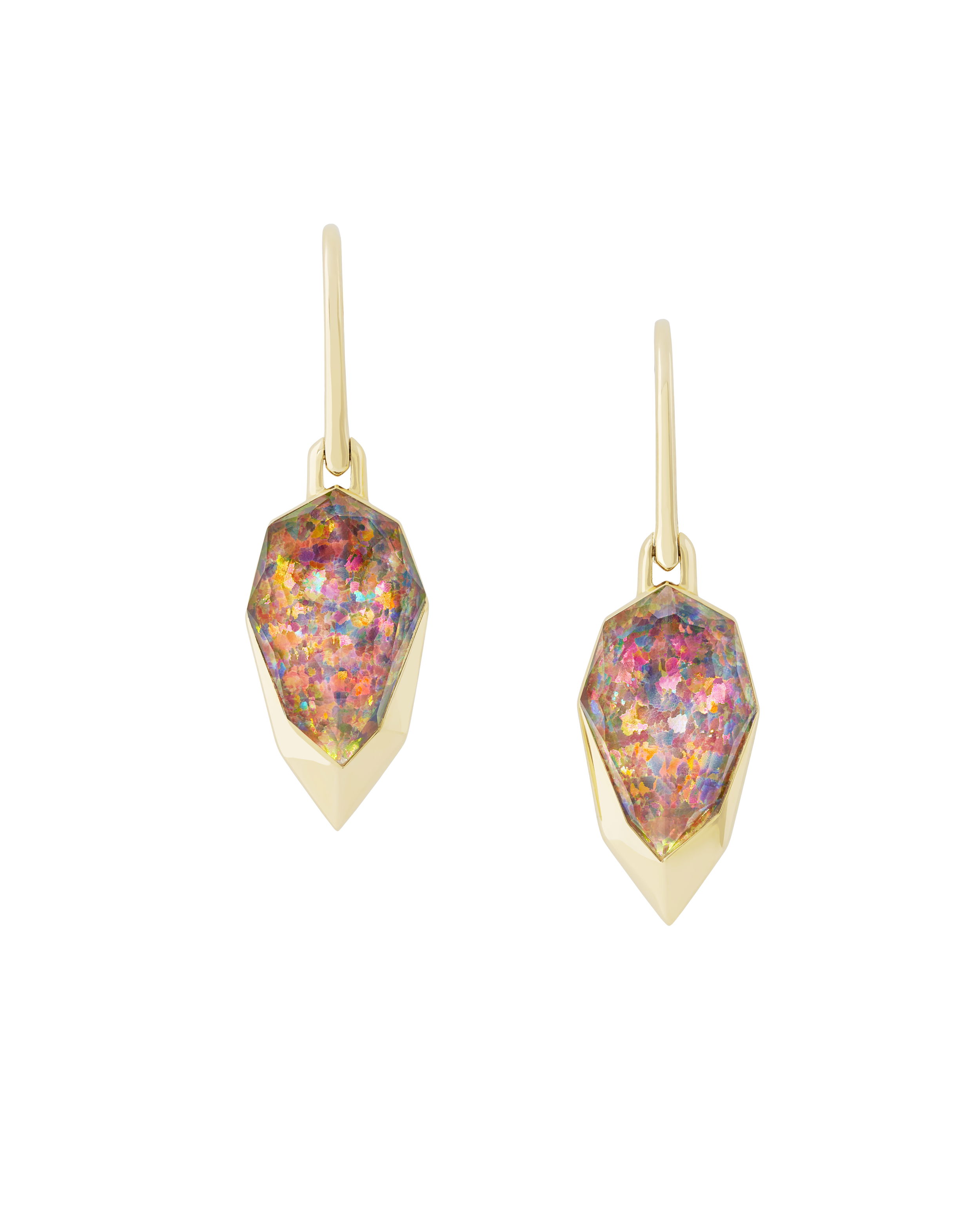 CH2 Diced Pear Double Dipped Earrings with Fire Opalescent in 18kt Yellow Gold by Stephen Webster. Double Dipped Earrings - 18kt yellow gold set with Fire opalescent under clear quartz Crystal Haze 10.55ctw. CH2 Diced Pear Double Dipped Earrings with Fire Opalescent in 18kt Yellow Gold
