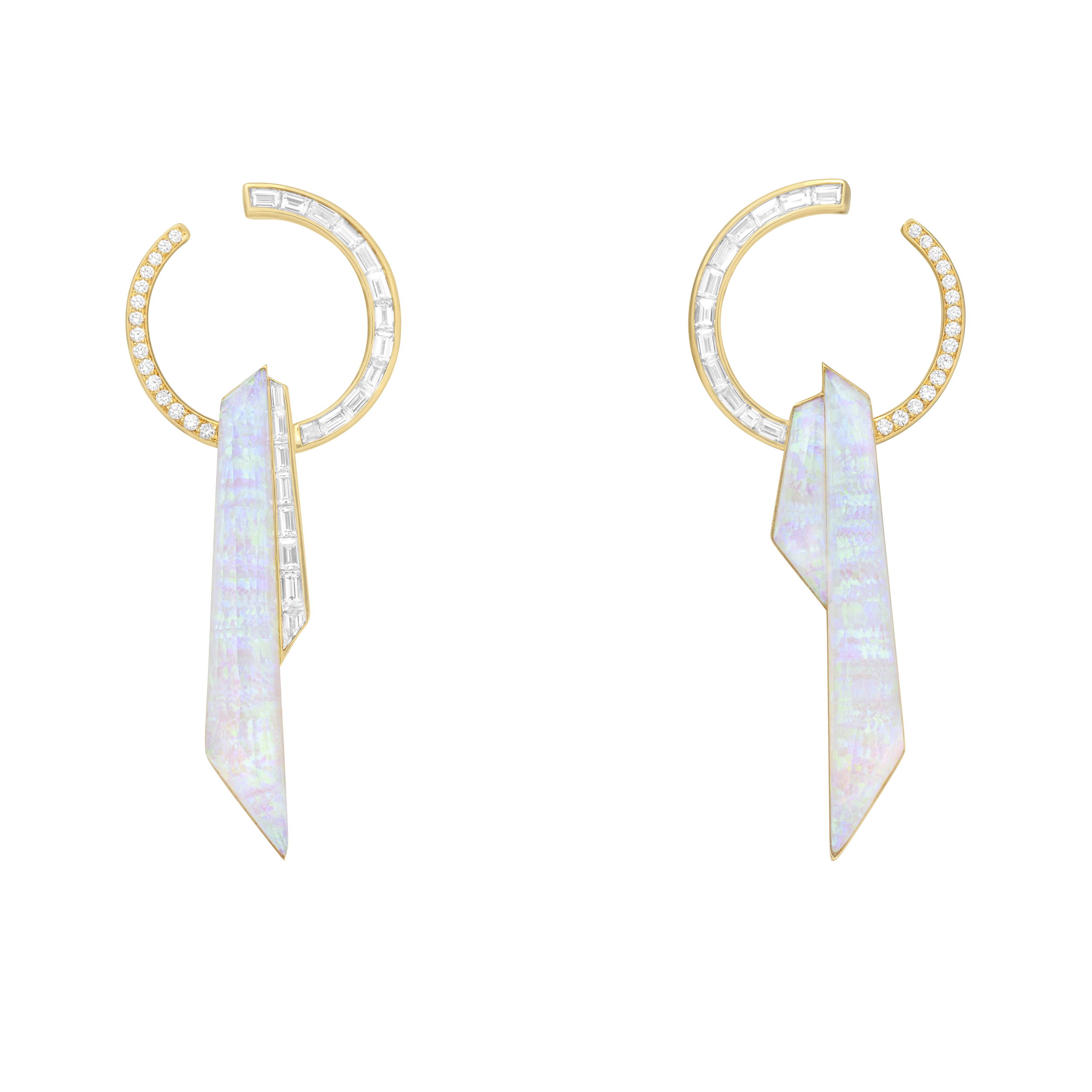 CH2 Shard Hoop Earrings with White Opalescent in 18kt Yellow Gold by Stephen Webster. Crystal Haze Shard Hoop Earrings - 18kt yellow gold set with white opalescent under clear quartz Crystal Haze at 12.33ct and baguette and brilliant cut white diamonds 1.13ctw. CH2 Shard Hoop Earrings with White Opalescent in 18kt Yellow Gold