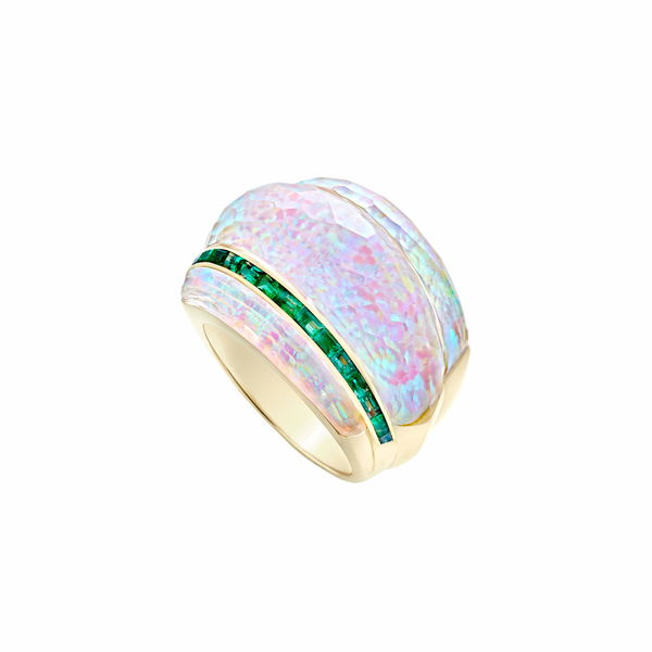 Closeup photo of CH2 Amplified Cocktail Ring with White Opalescent and Emeralds in 18kt Yellow Gold - Size 7
