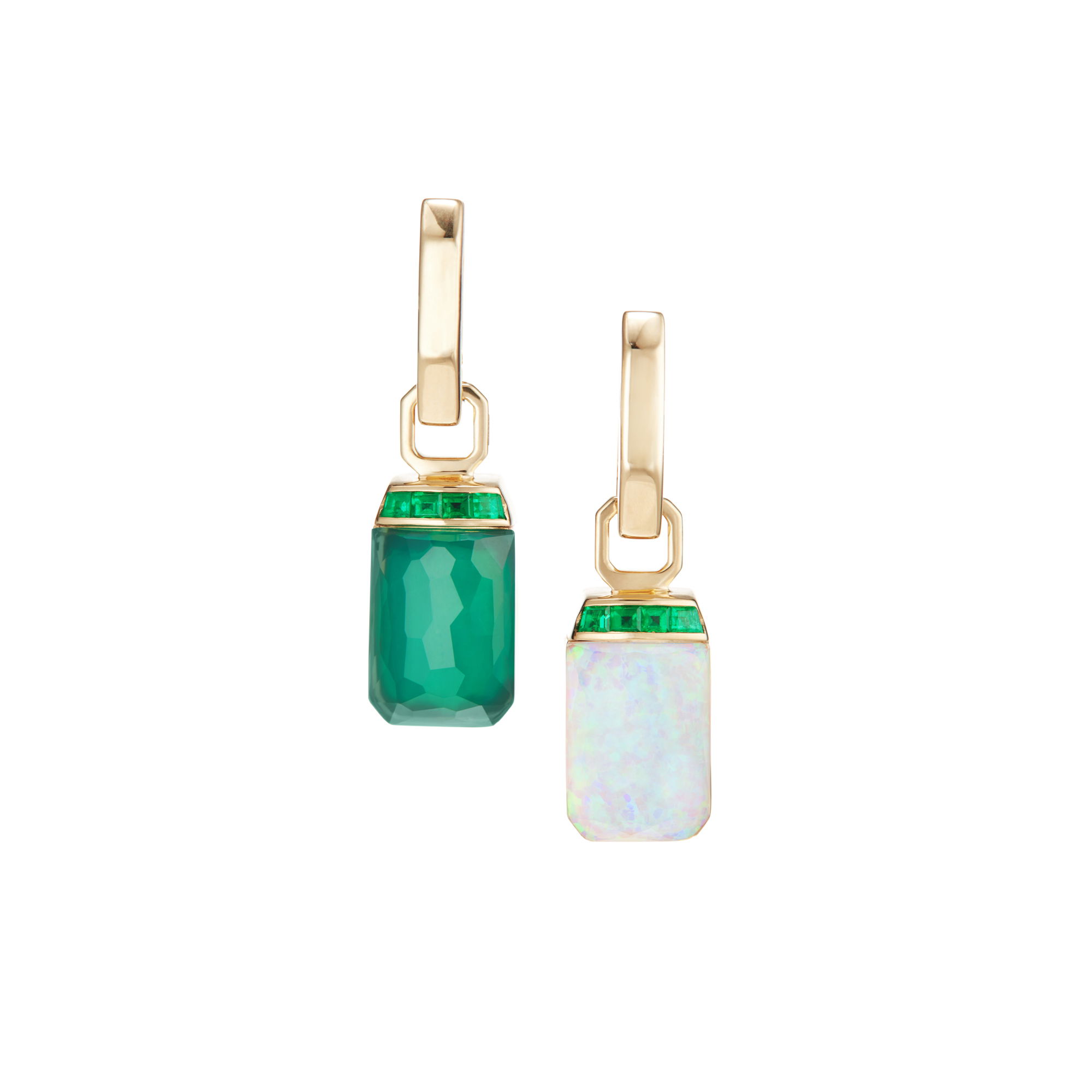 CH2 Tablet Twister Small Earrings with White Opalescent and Green Agate in 18kt Yellow Gold by Stephen Webster. Crystal Haze Tablet Twister Earrings - 18kt yellow gold set with White Opalescent at 4.97ctw and Green Agate at 6.02ctw with clear quartz Crystal Haze over and baguette emeralds at 0.16ctw on the tablet setting with a yellow gold huggies. CH2 Tablet Twister Small Earrings with White Opalescent and Green Agate in 18kt Yellow Gold