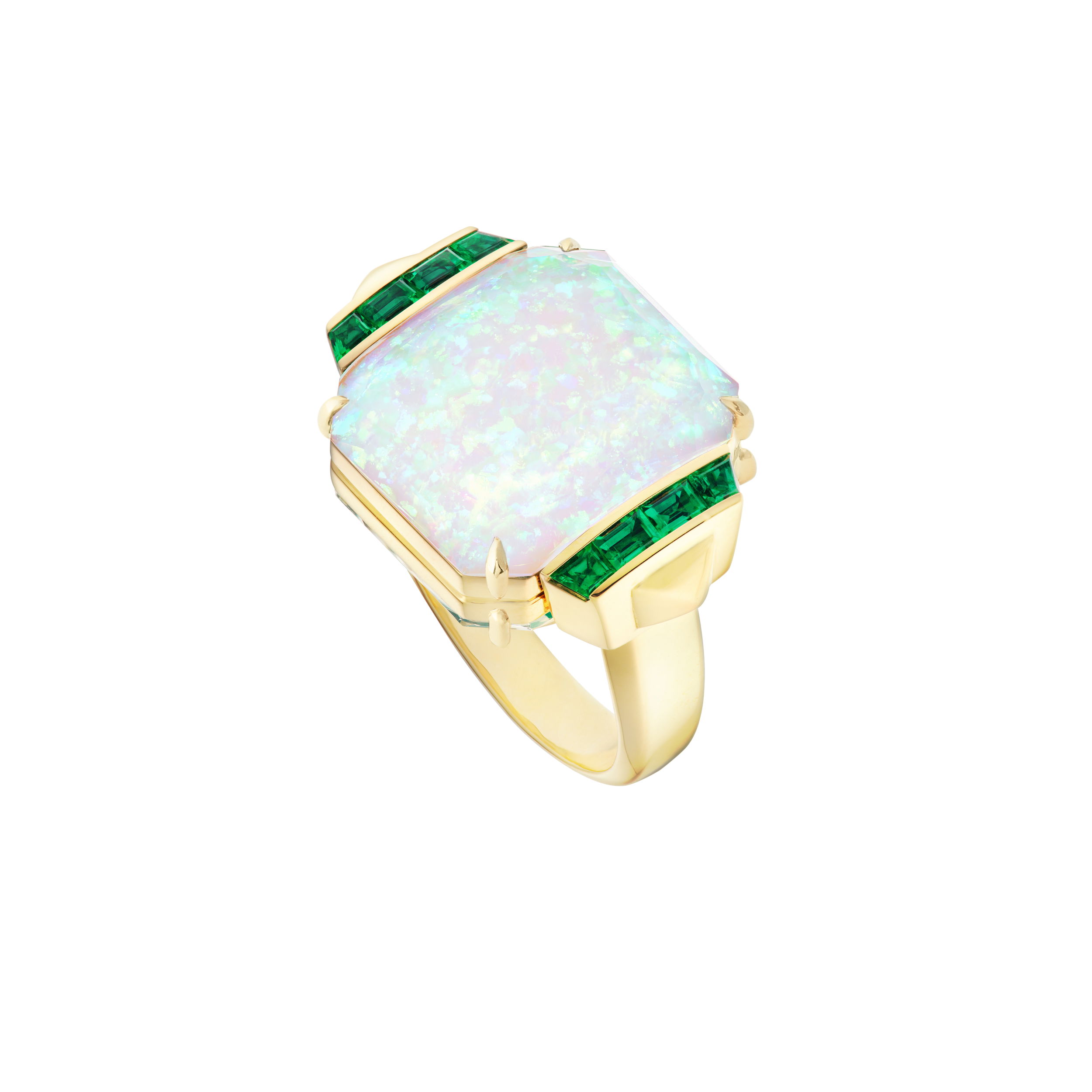 CH2 Tablet Twister Wide Ring with White Opalescent and Green Agate in 18kt Yellow Gold - Size 7 by Stephen Webster. Deco Wide Twister Ring - 18kt yellow gold set with White Opalescent at 8.29ct and Green Agate at 10.35ct under clear quartz Crystal Haze and baguette emeralds at 0.43ctw. CH2 Tablet Twister Wide Ring with White Opalescent and Green Agate in 18kt Yellow Gold - Size 7