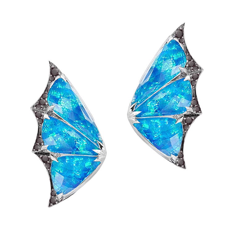 Fly by Night CH2 Stud Earrings with Black Opalescent and Black Diamonds in 18kt White Gold