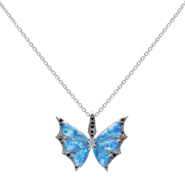 Closeup photo of Fly by Night CH2 Small Pendant Necklace with Black Opalescent and Black Diamonds in 18kt White Gold