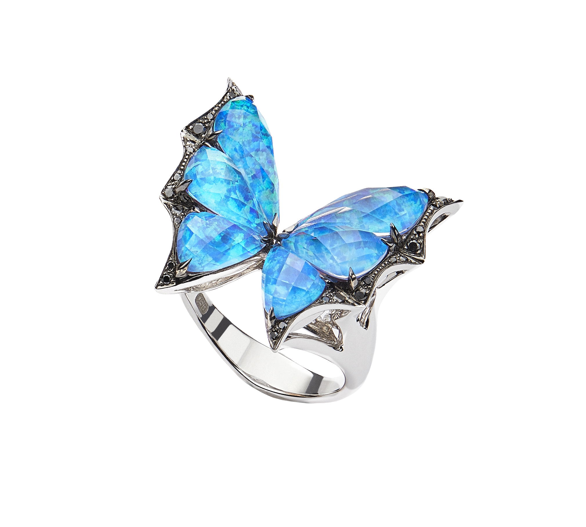Fly by Night CH2 Small Ring with Black Opalescent and Black Diamonds in 18kt White Gold - Size 7 by Stephen Webster. Small butterfly Crystal Haze ring in 18kt white gold with black opalescent under quartz Crystal Haze at 5.94ctw and black diamond pave at 0.12ctw. Fly by Night CH2 Small Ring with Black Opalescent and Black Diamonds in 18kt White Gold - Size 7