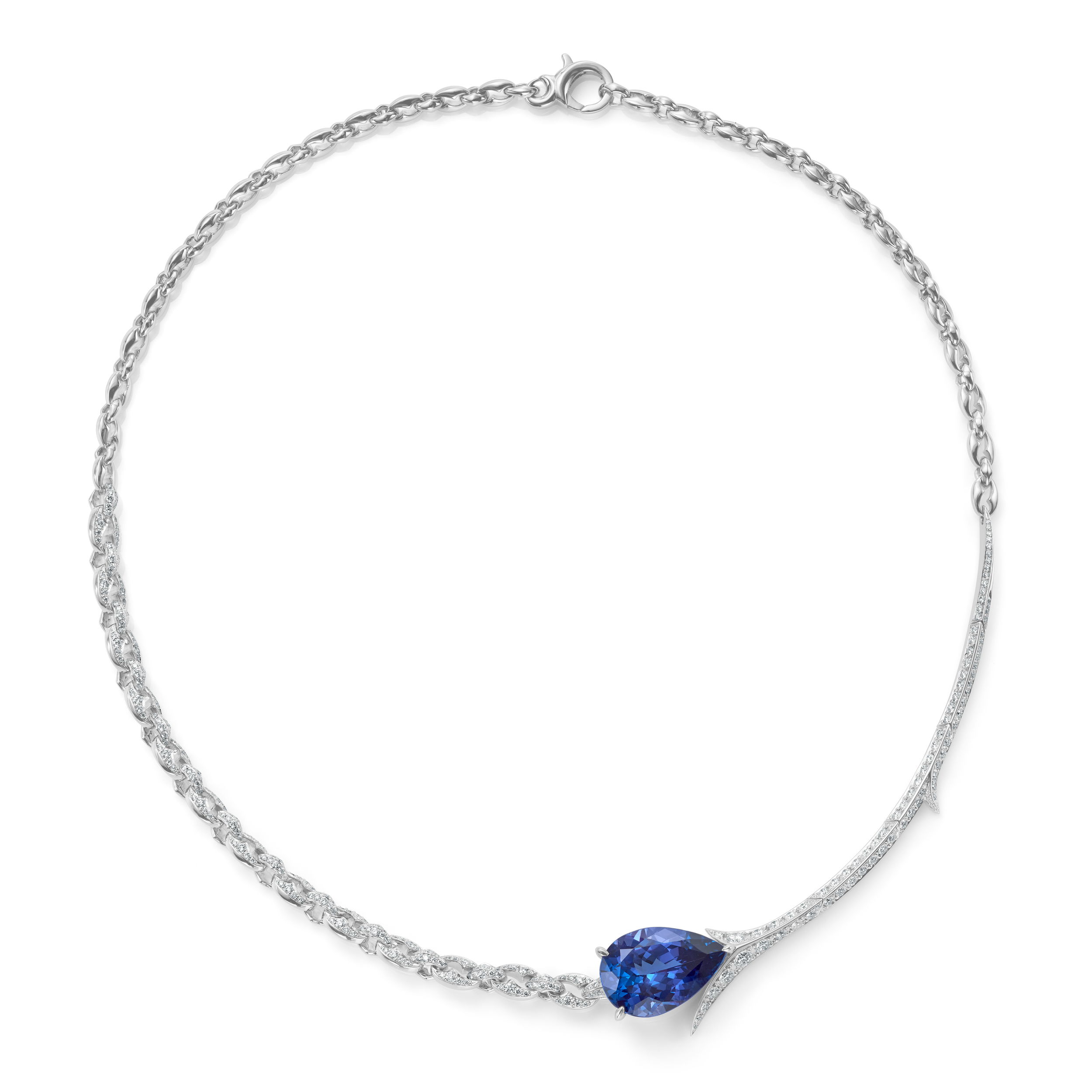 Thorn Embrace Tear Drop Necklace with Tanzanite and White Diamonds in 18kt White Gold by Stephen Webster. Drop necklace in 18kt white gold with one pear shape tanzanite at 9.48ct and accented with pave white diamonds at 1.98ctw. Thorn Embrace Tear Drop Necklace with Tanzanite and White Diamonds in 18kt White Gold