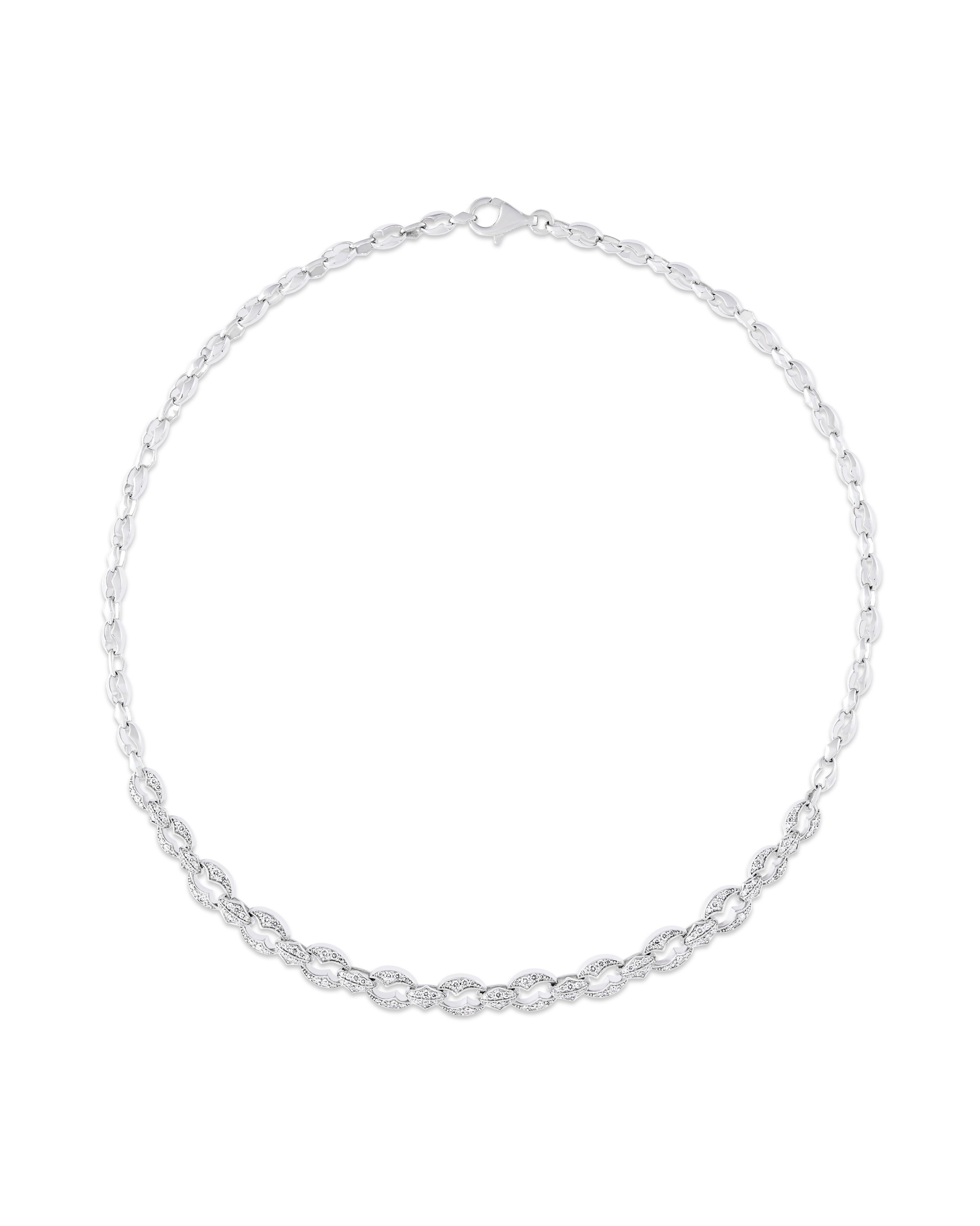 Thorn Embrace Chain Link Choker Necklace with White Diamonds in 18kt White Gold by Stephen Webster. Linked necklace in 18kt white gold with white diamond pave at 0.98ctw. The necklace measures 13.7 inches long and has a 13mm thorn clasp. Thorn Embrace Chain Link Choker Necklace with White Diamonds in 18kt White Gold