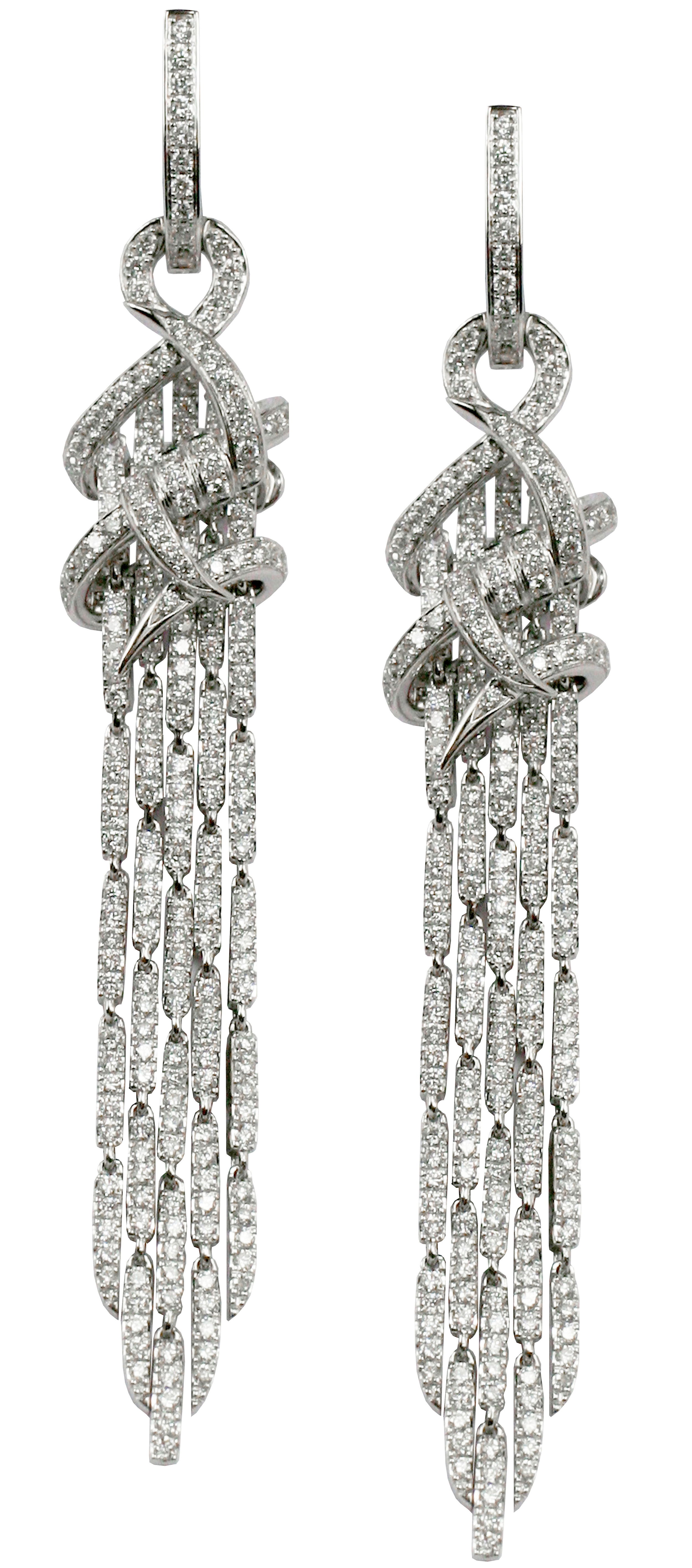 Thorn Forget Me Knot Cascade Earrings with White Diamonds in 18kt White Gold by Stephen Webster. Drop earrings in 18kt white gold with white diamond pave at 2.60ctw. Thorn Forget Me Knot Cascade Earrings with White Diamonds in 18kt White Gold