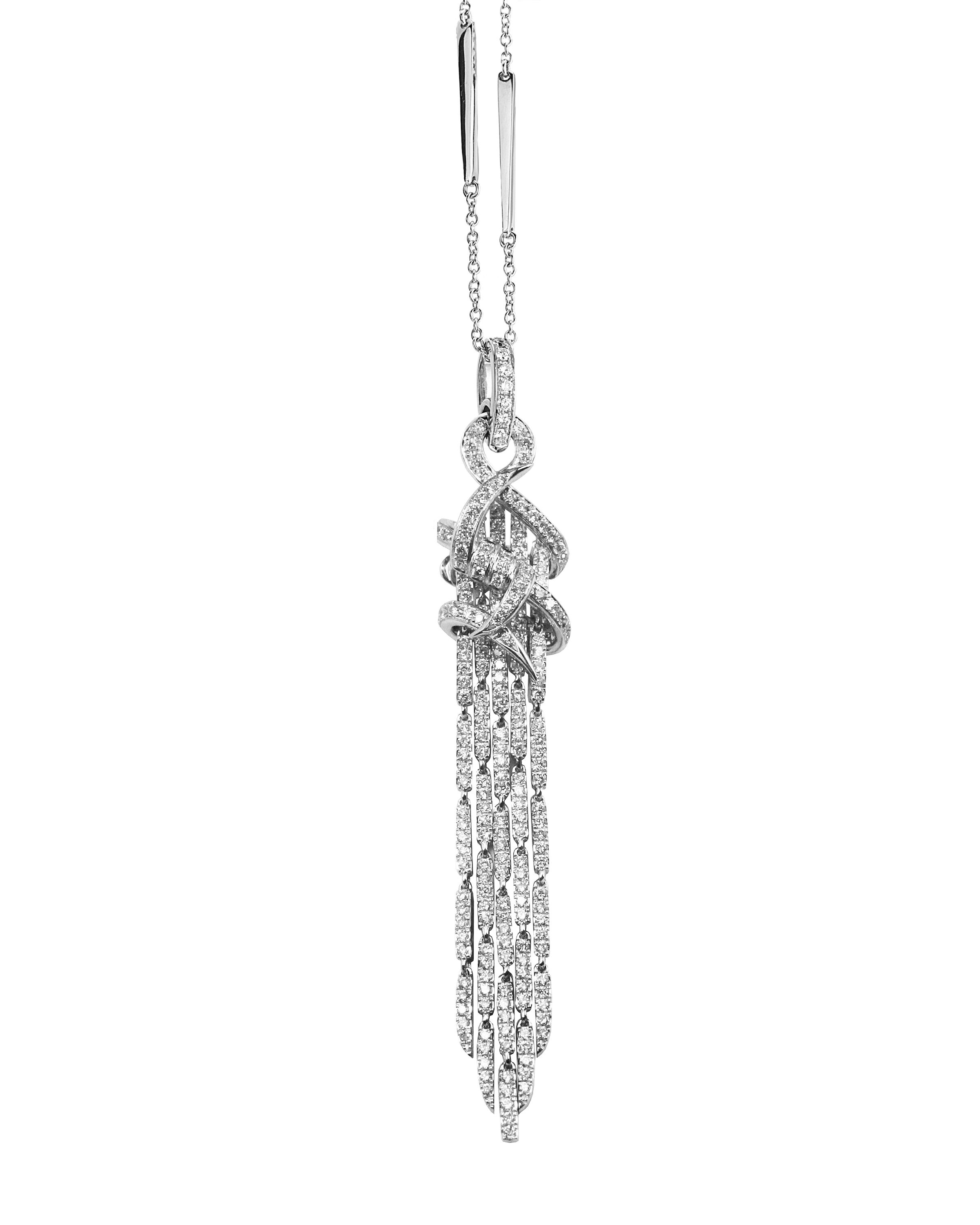 Thorn Forget Me Knot Cascade Pendant Necklace with White Diamonds in 18kt White Gold by Stephen Webster. Pendant necklace in 18kt white gold with white diamond pave at 1.78ctw. Thorn Forget Me Knot Cascade Pendant Necklace with White Diamonds in 18kt White Gold