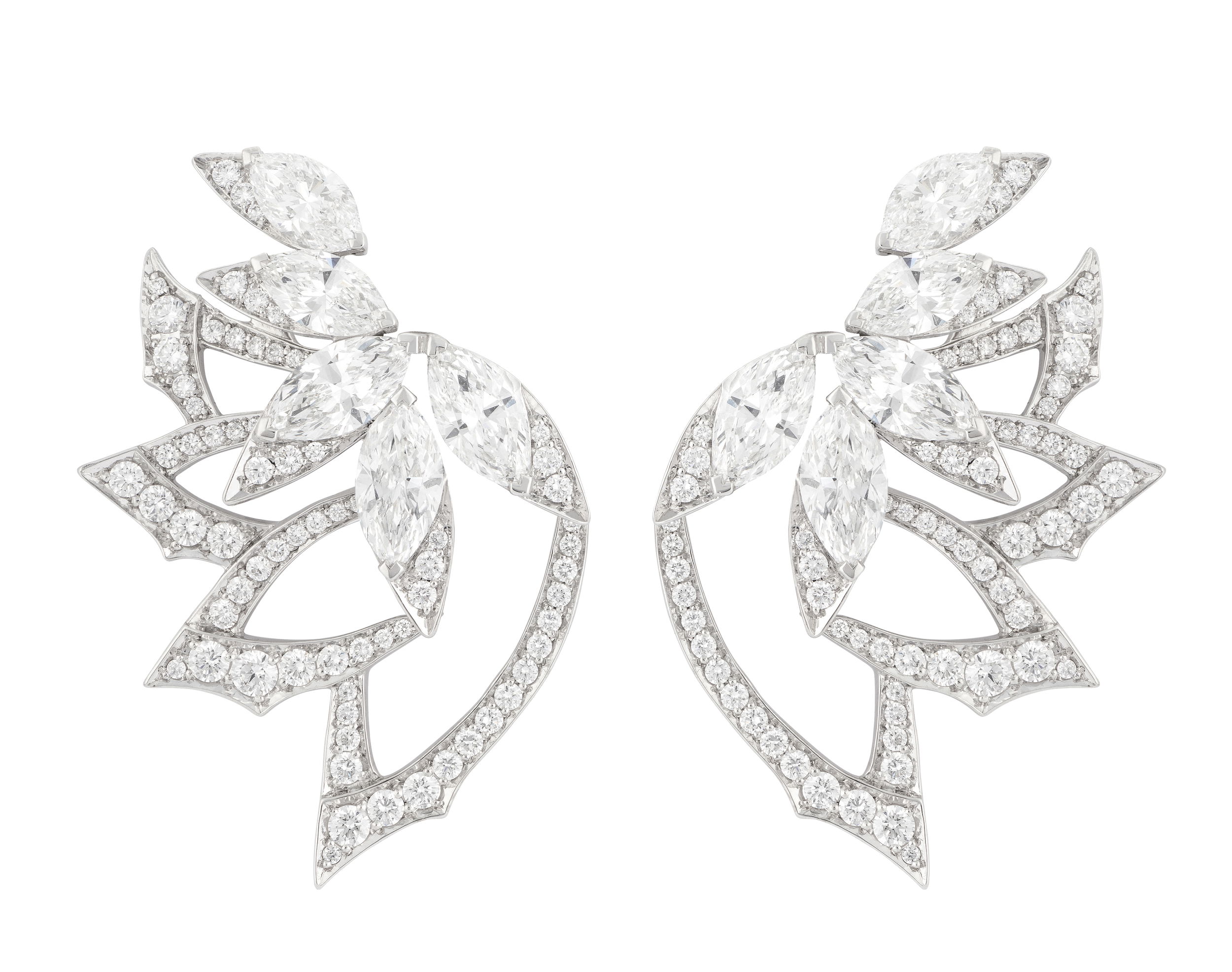 Magnipheasant Plumage Stud Earrings with White Diamonds in 18kt White Gold by Stephen Webster. Climber earrings in 18kt white gold with white diamond pave at 5.69ctw. Magnipheasant Plumage Stud Earrings with White Diamonds in 18kt White Gold