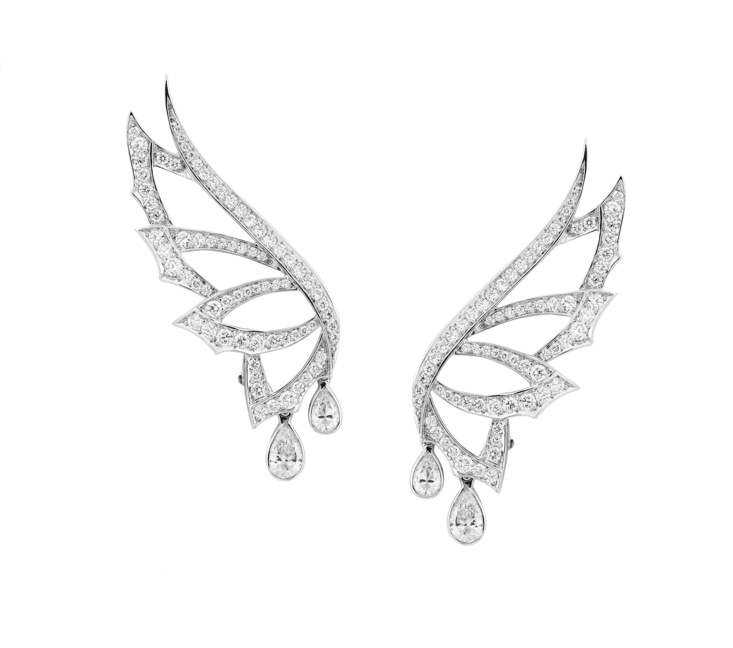 Magnipheasant Open Plume Ear Cuff Earrings with White Diamonds in 18kt White Gold
